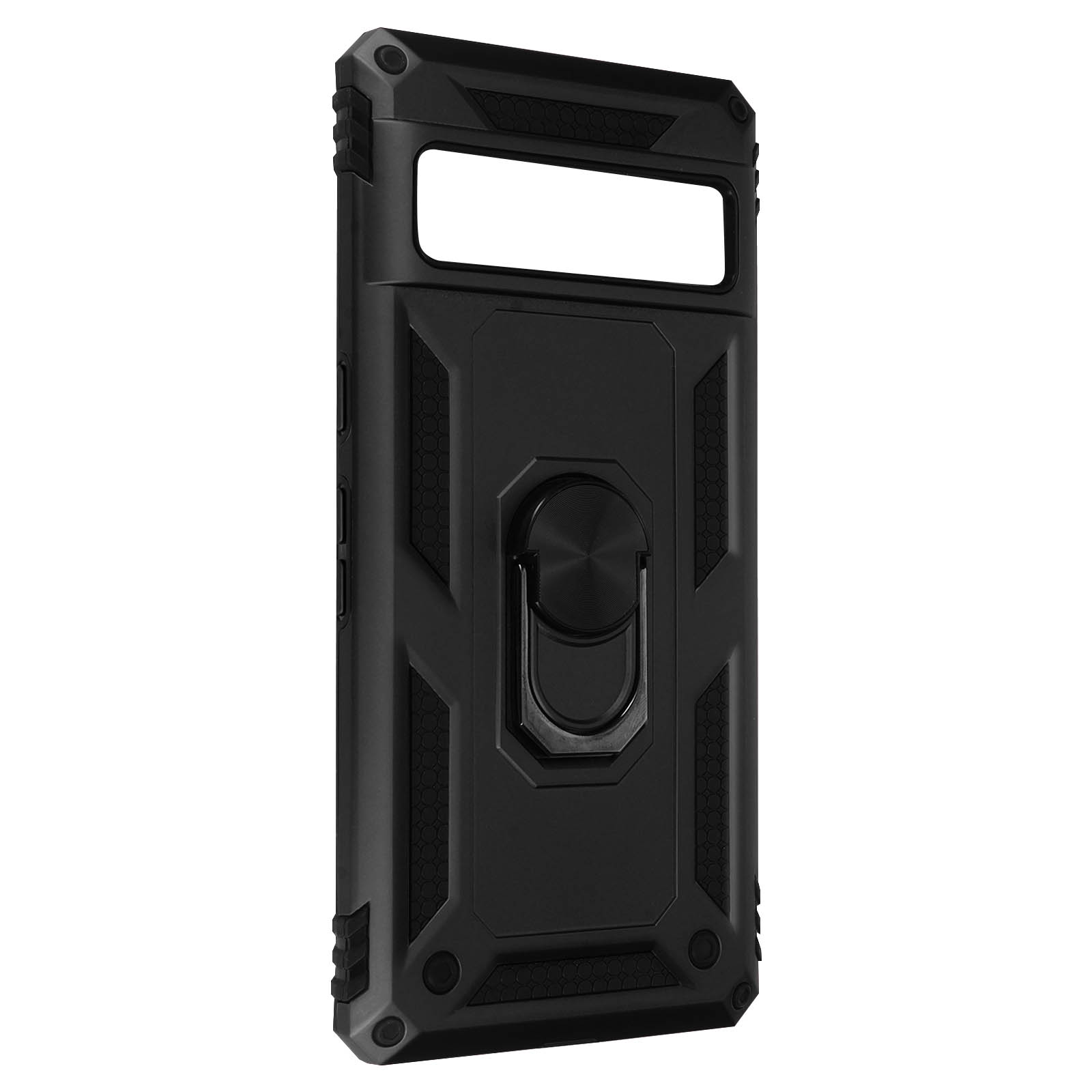 Custodia nera per telefono con anello, design geometrico complesso.