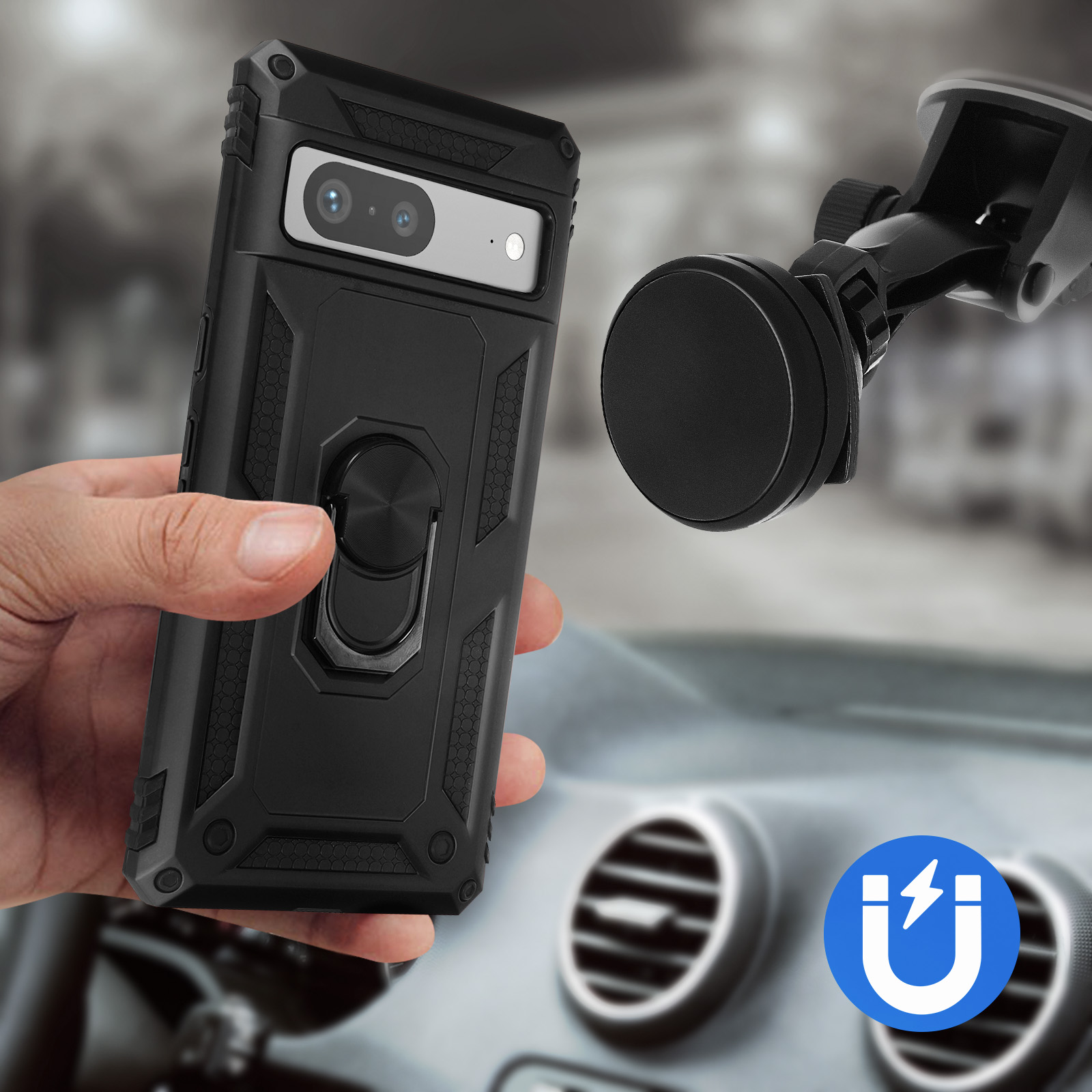 Una mano che tiene una custodia nera per telefono con fotocamera e un supporto magnetico per auto.