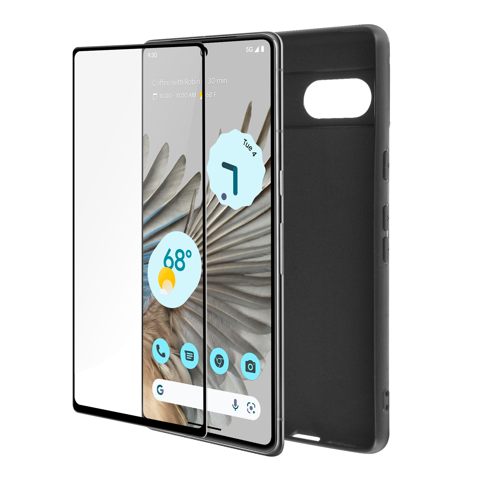 Écran de téléphone avec protecteur et étui, affichant la météo et l'heure, sur blanc.