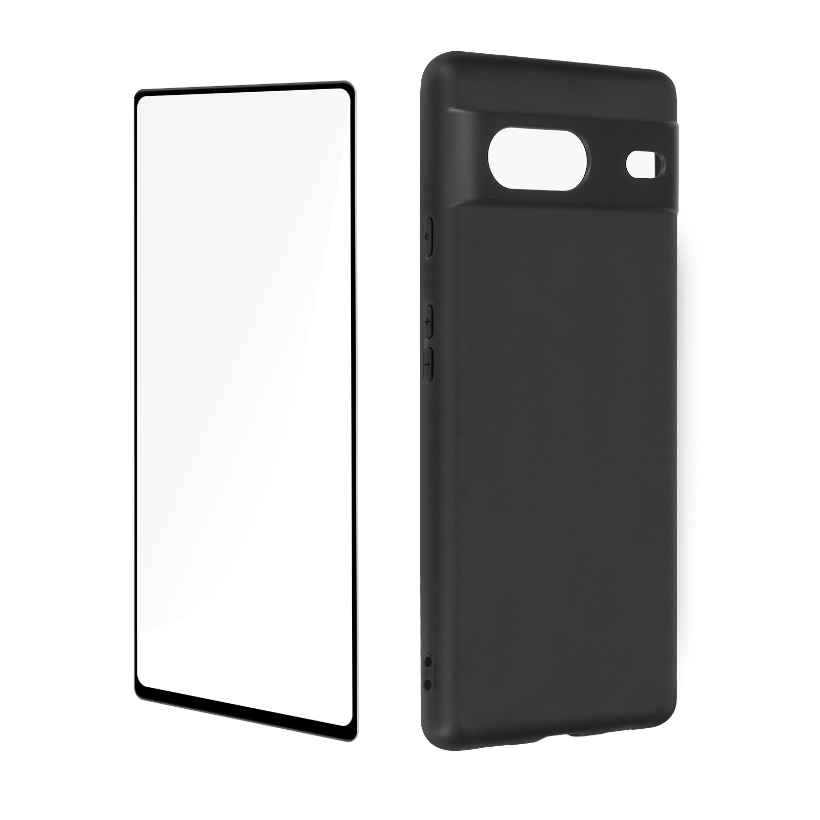 Coque de téléphone noire et protection d'écran. Fond: blanc. Le téléphone est noir et le protecteur est transparent.