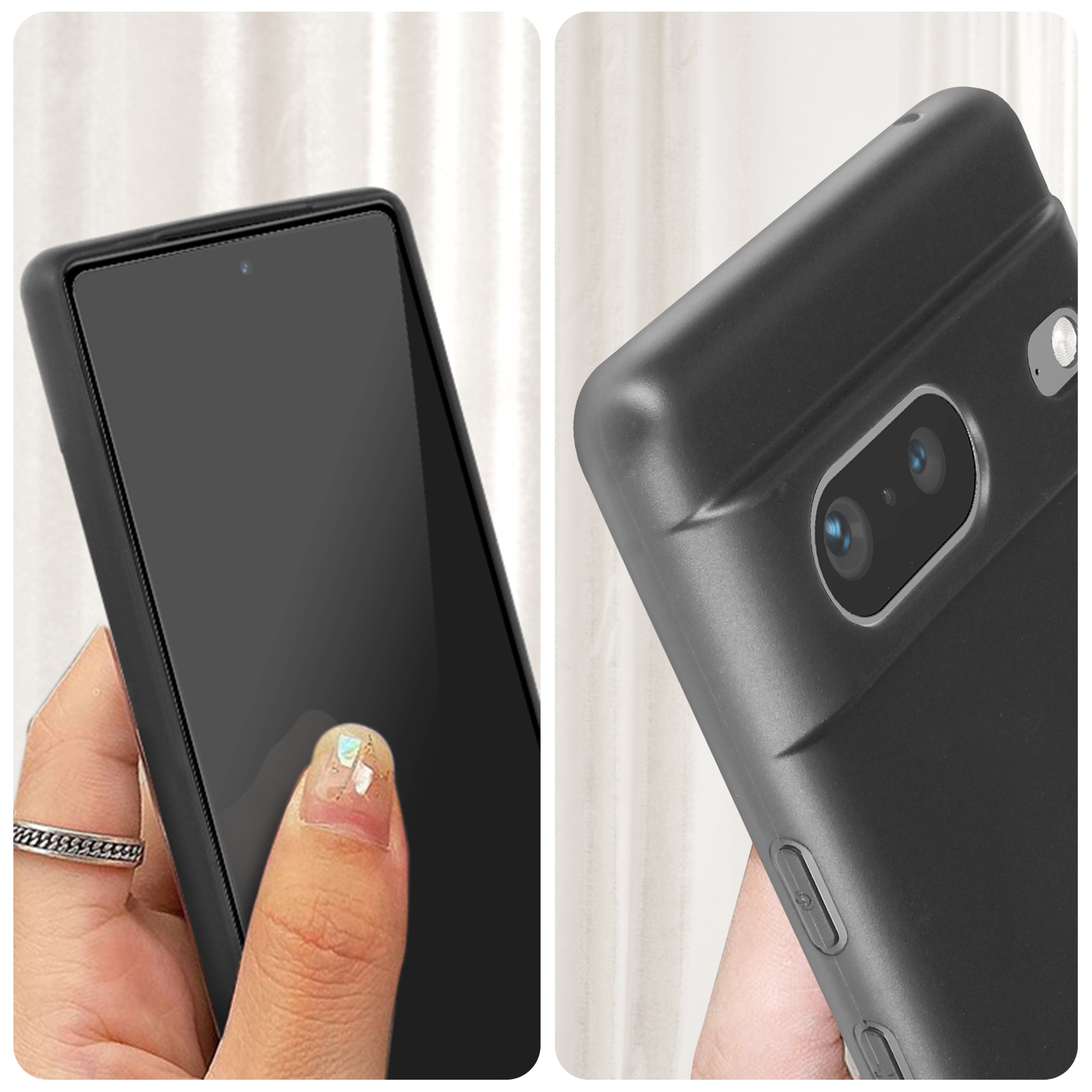 Gros plans d'un téléphone dans une coque. Une main tient le téléphone. La caméra est visible.