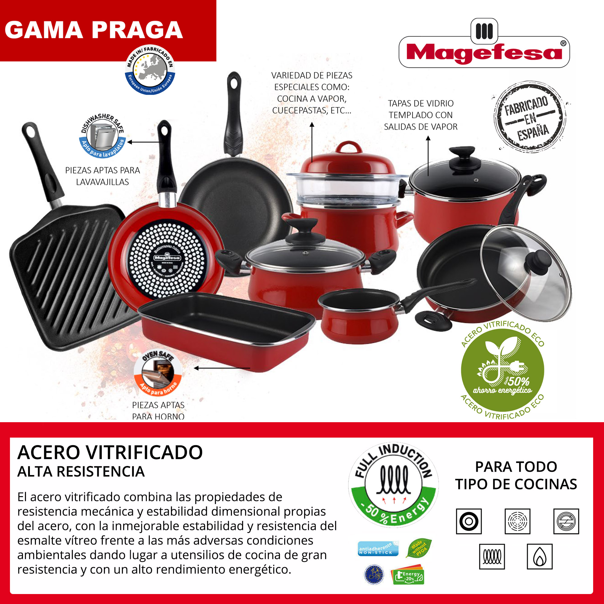 Una exhibición de varios utensilios de cocina rojos y negros con texto y logotipos.