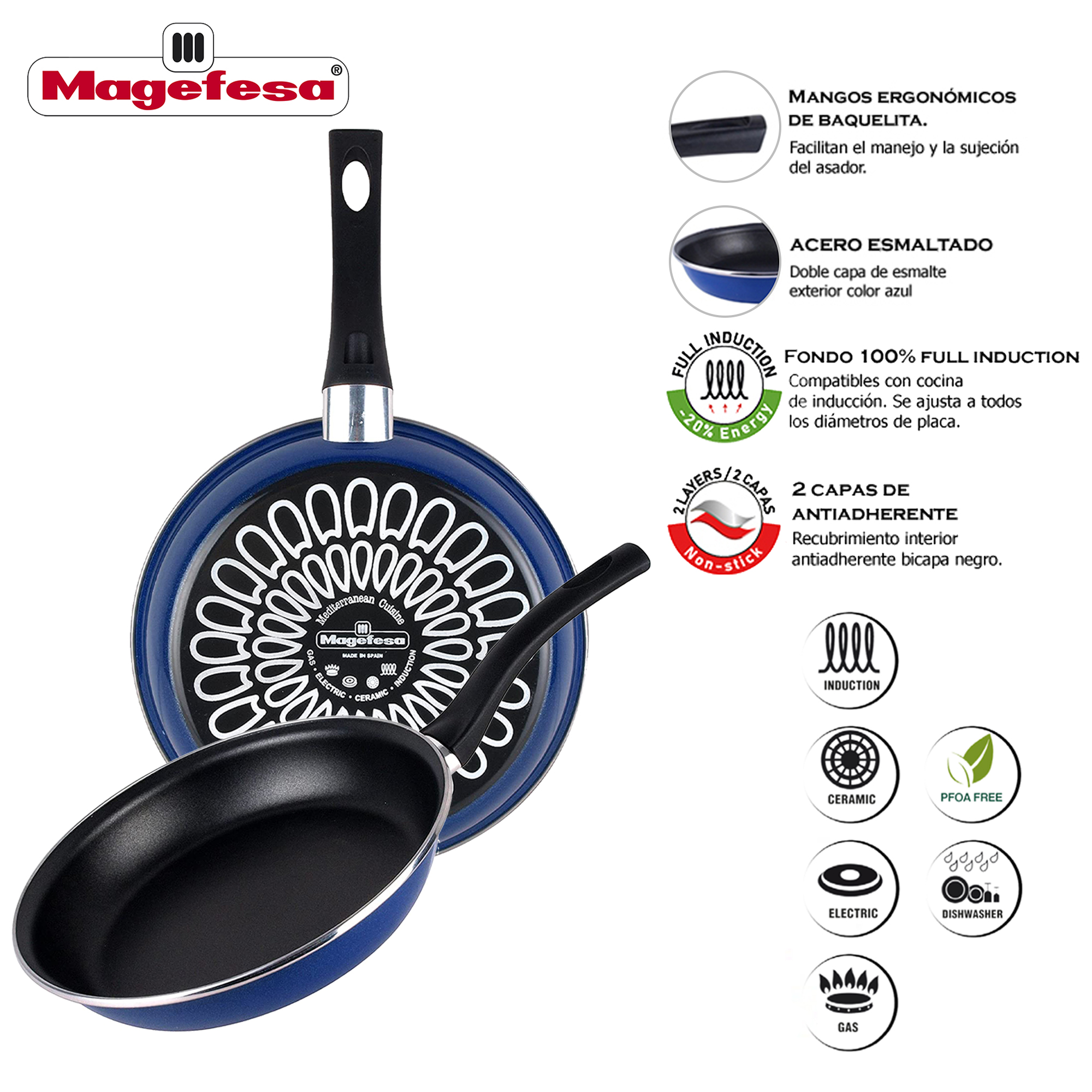 Sartén azul con mango negro. Superficie antiadherente, con texto informativo y símbolos.