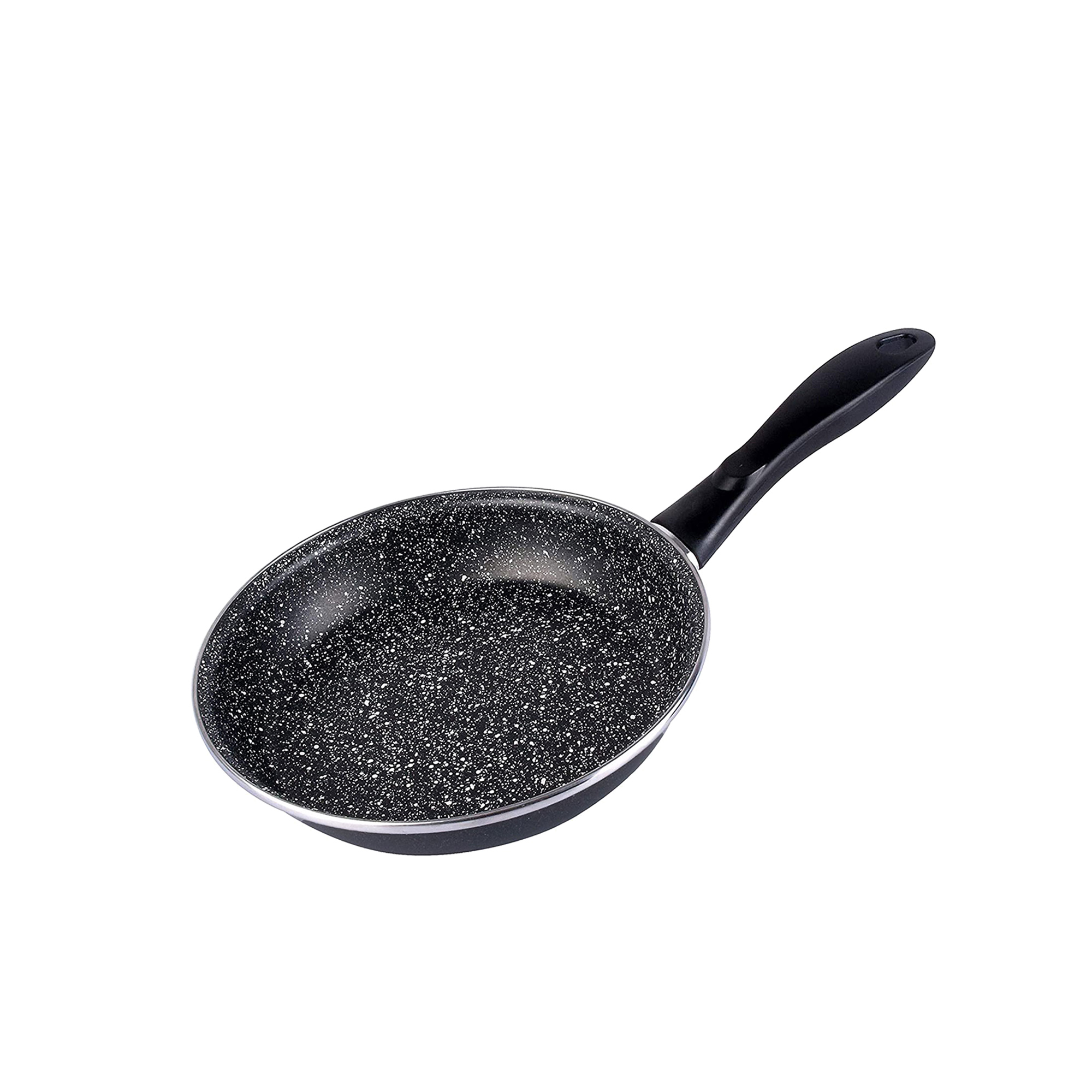 Una sartén negra con interior gris moteado, sobre fondo blanco.