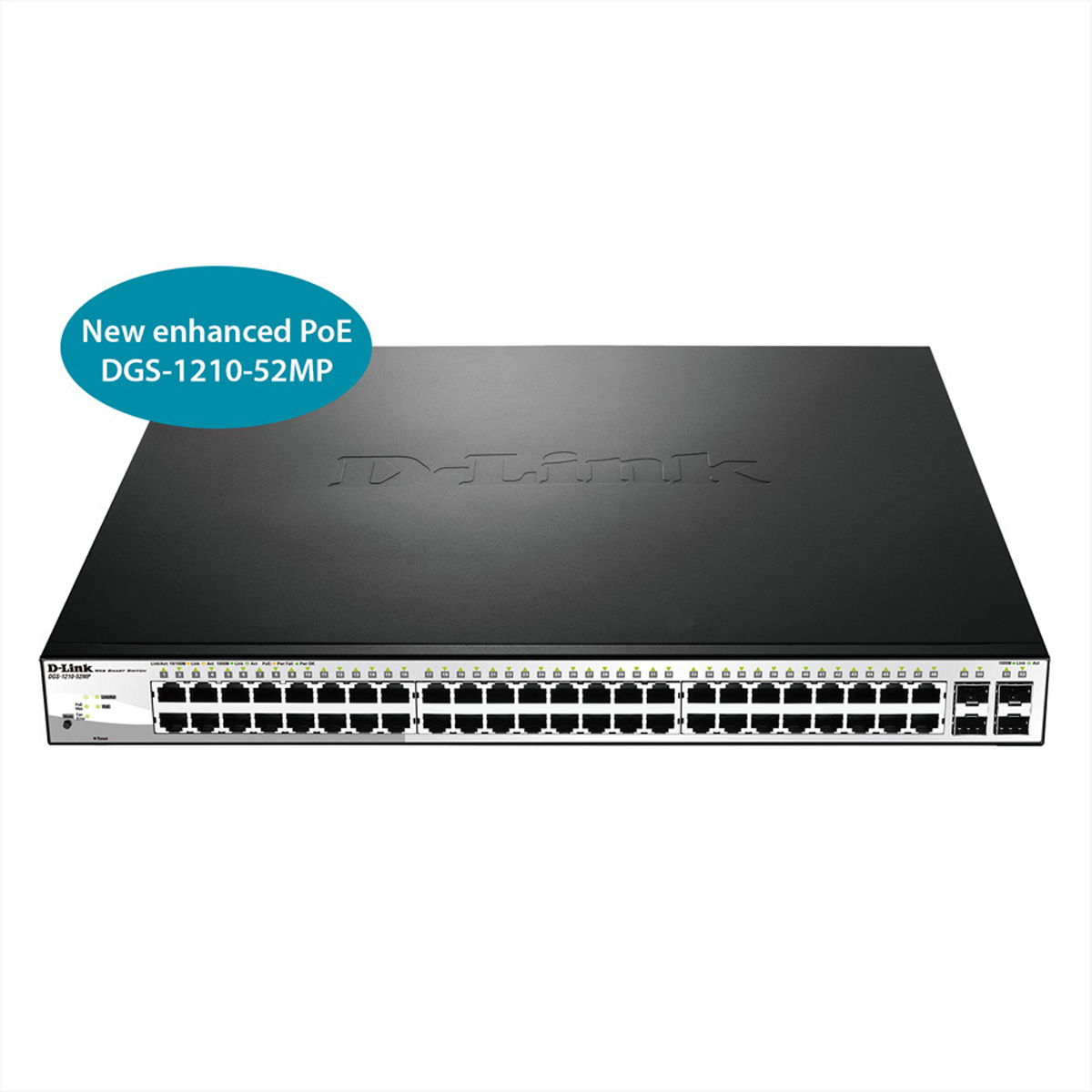 Switch di rete D-Link nero con molte porte e un riquadro di testo. Sfondo bianco.