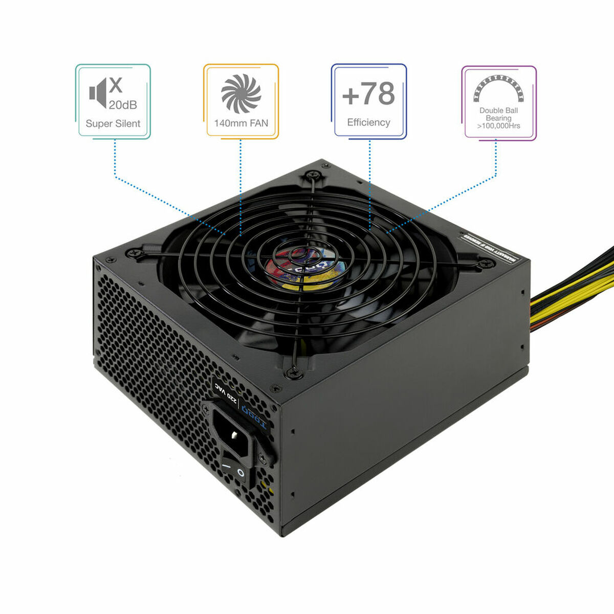 Een zwarte computer voeding met labels voor efficiëntie en ventilator.