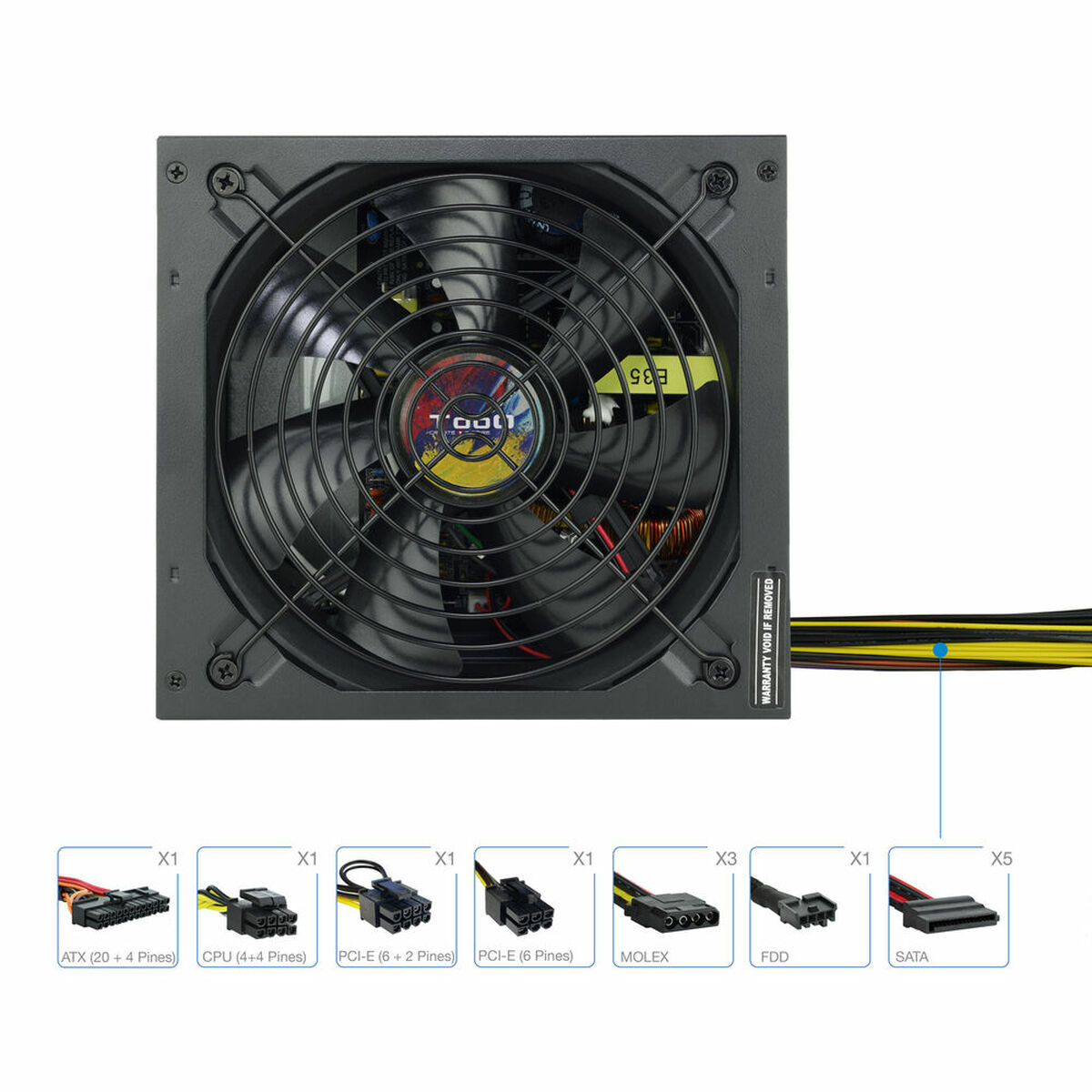Voedingseenheid met meerdere connectoren, een ventilator en verschillende kabelconnectoren weergegeven.