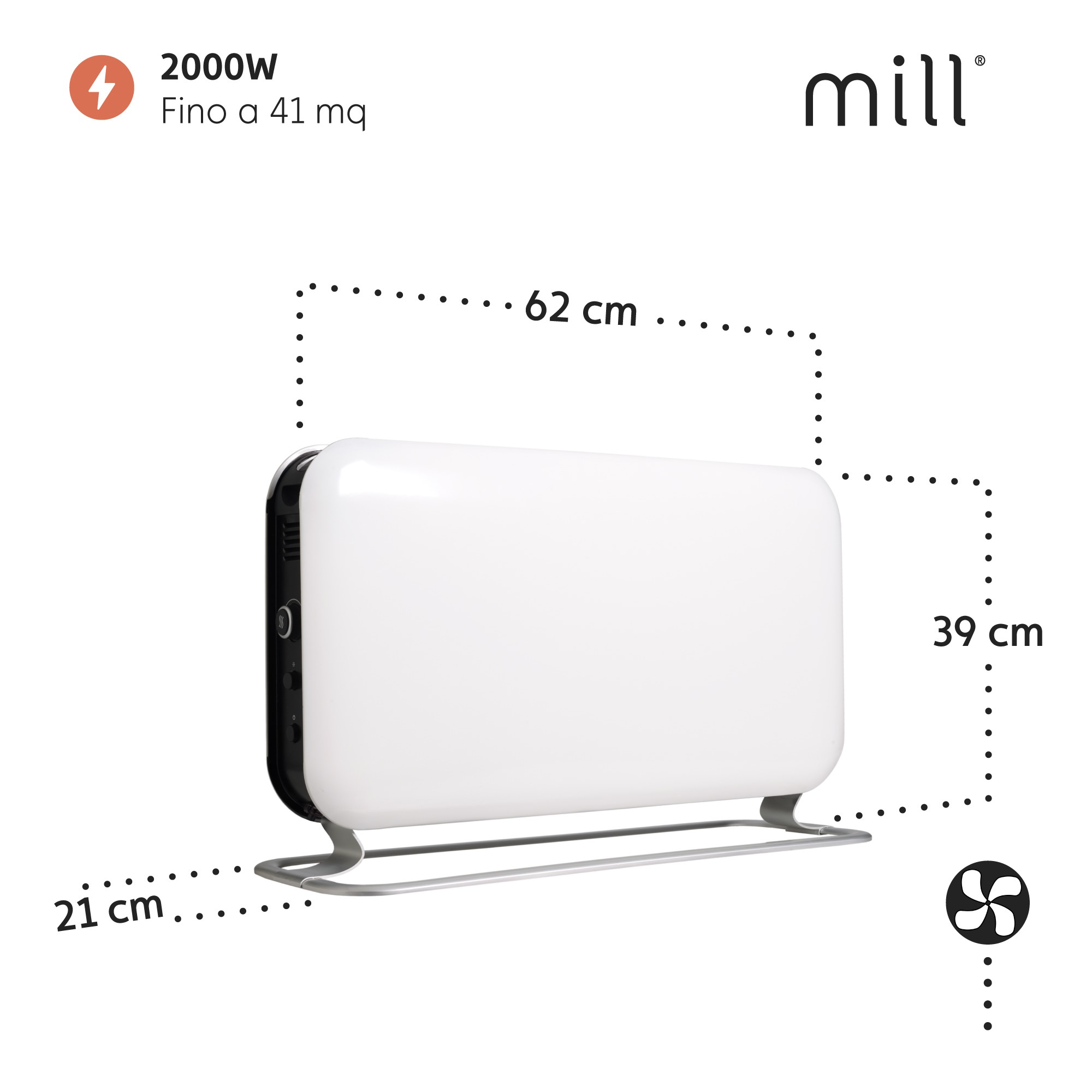 Biały grzejnik z wymiarami w cm. Logo Mill po prawej stronie.