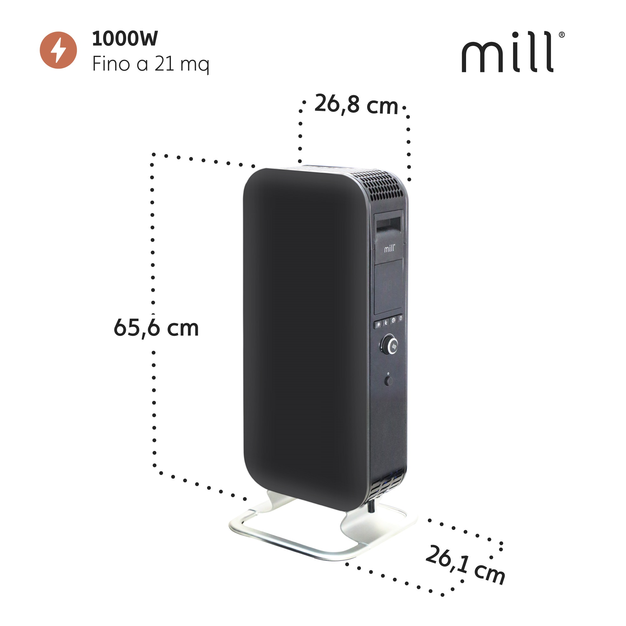 Schwarzer Mill-Heizlüfter mit Abmessungen in Zentimetern. Auf weißem Hintergrund.