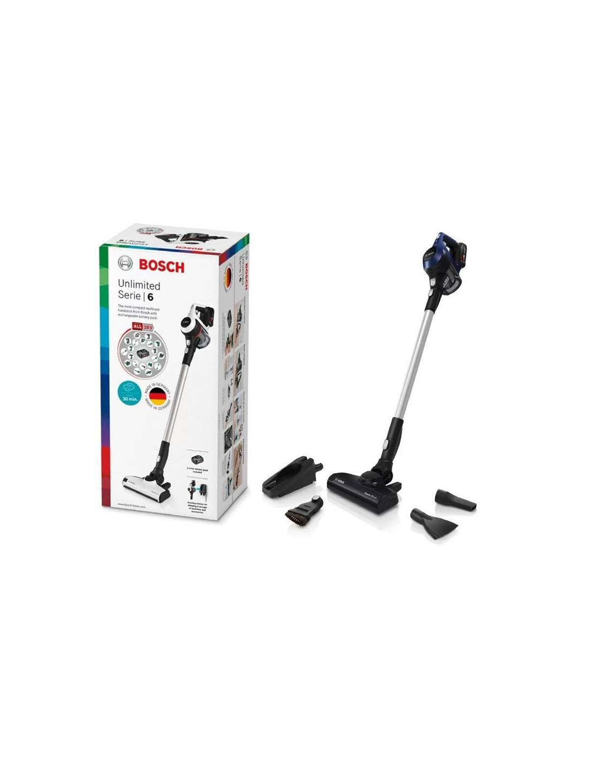 Odkurzacz bezprzewodowy Bosch i pudełko. Odkurzacz jest czarny i srebrny, z wieloma akcesoriami.