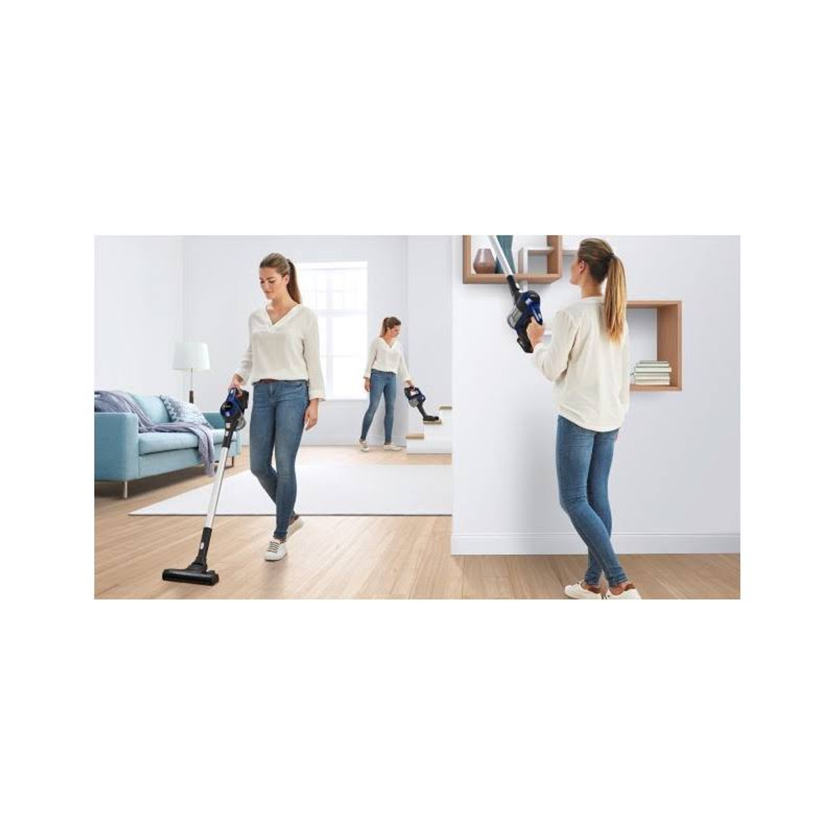 Trzy zdjęcia kobiety odkurzającej. Jedna używa laski, druga odkurzacza.