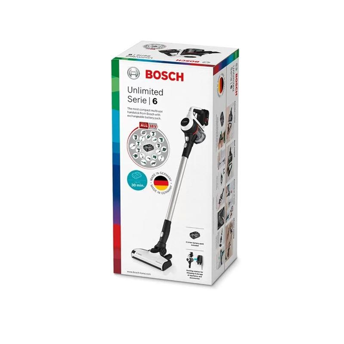 Pudełko od odkurzacza Bosch Unlimited Serie 6. Pudełko jest wielokolorowe.