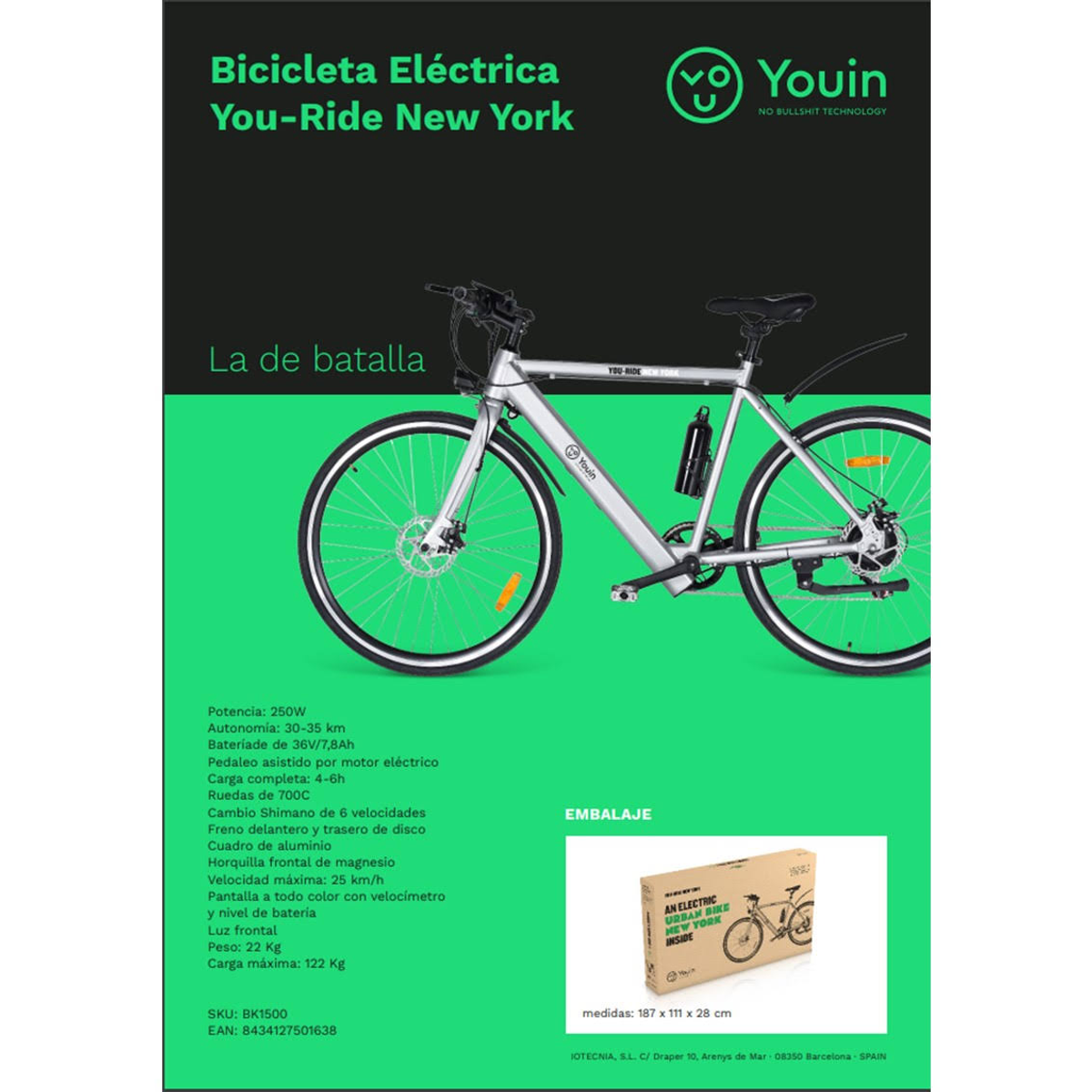 Bicicleta eléctrica plateada con ruedas verdes, detalles negros y botella de agua sobre fondo negro.