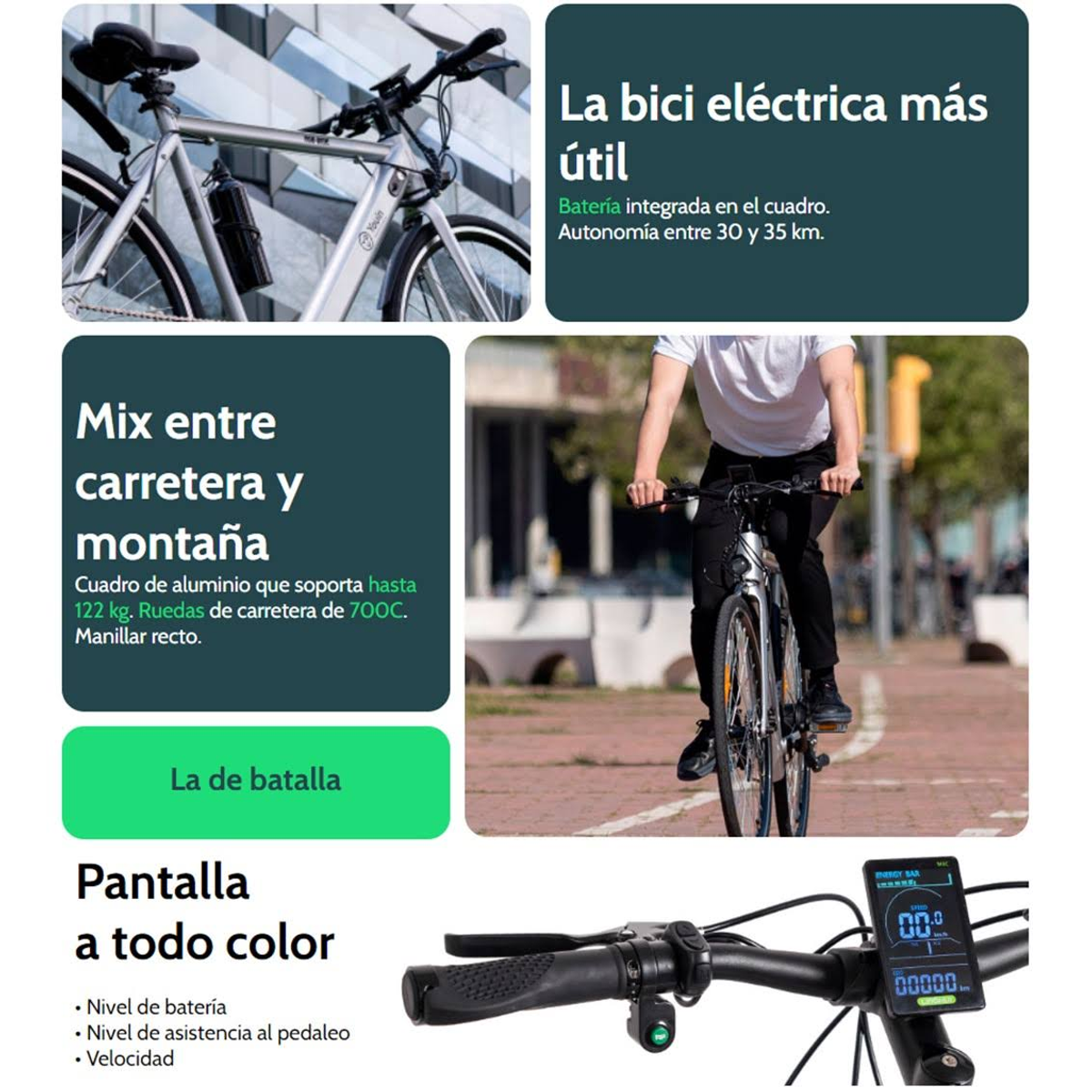 Una bicicleta eléctrica con superposición de texto. El texto describe las características en español.