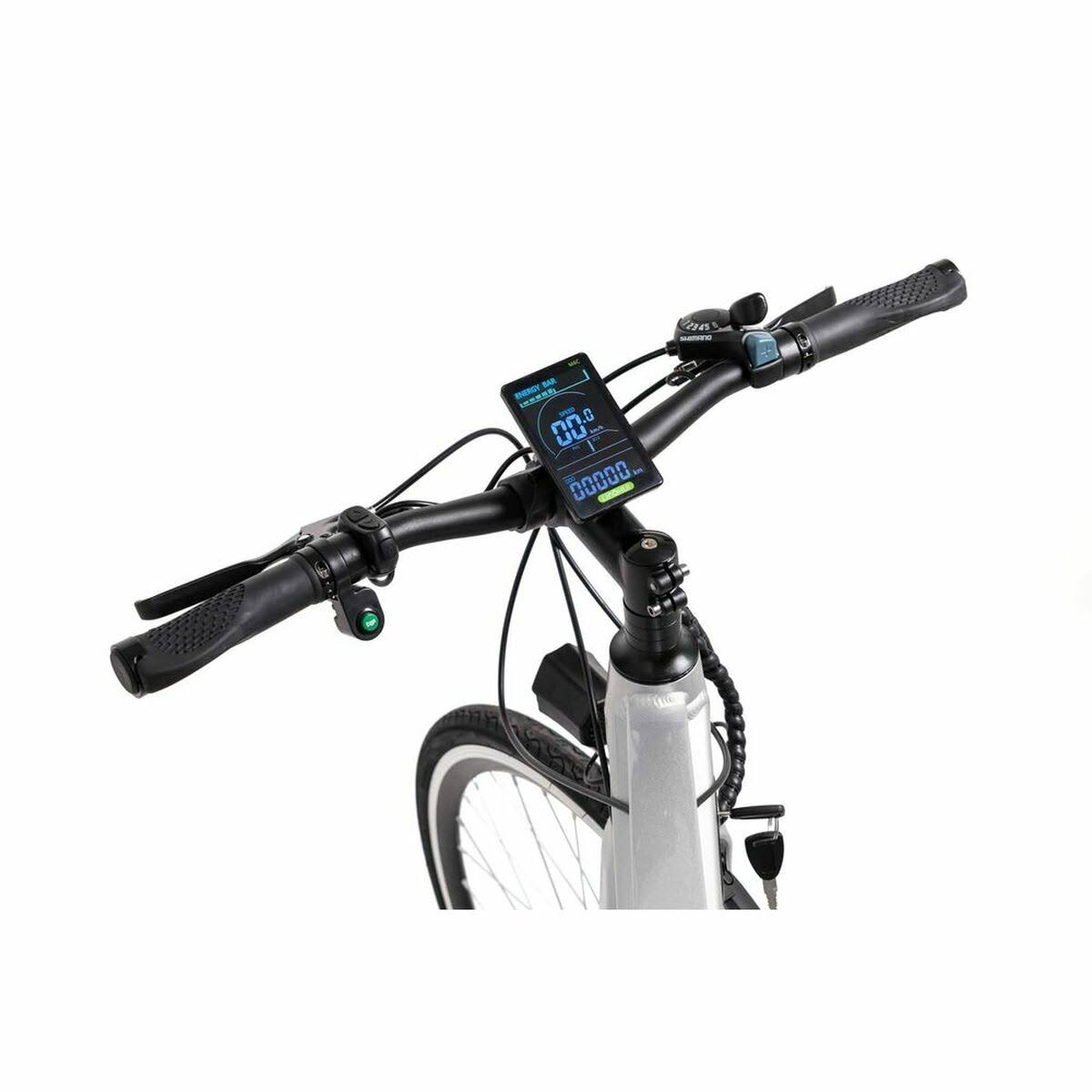Manillar de bicicleta con pantalla digital y controles.