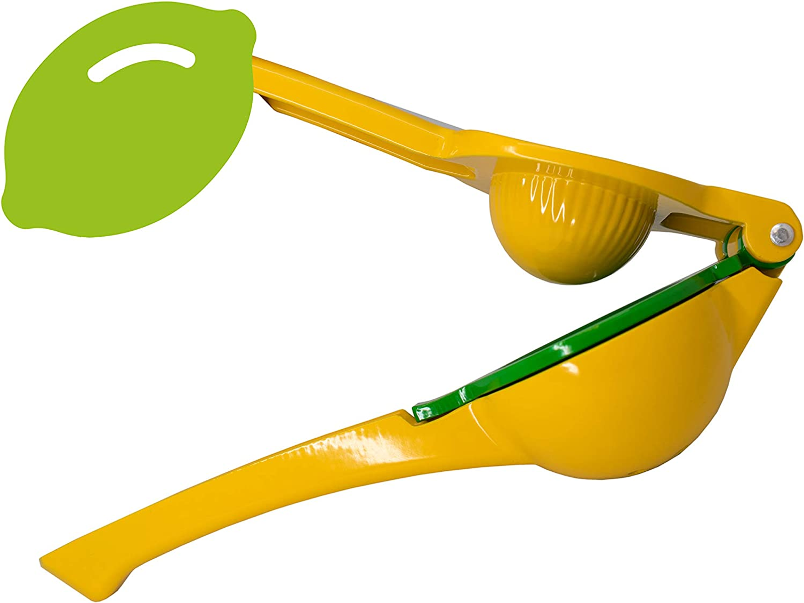 Spremiagrumi giallo con grafica di lime verde sul lato. Sfondo bianco.