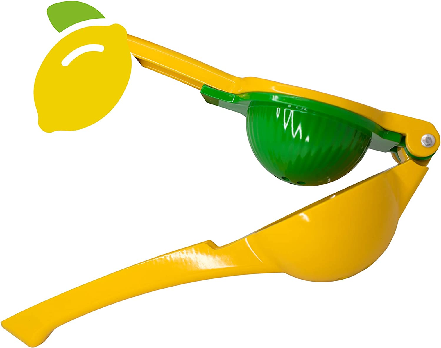 Uno spremiagrumi giallo e verde con un'illustrazione di limone.