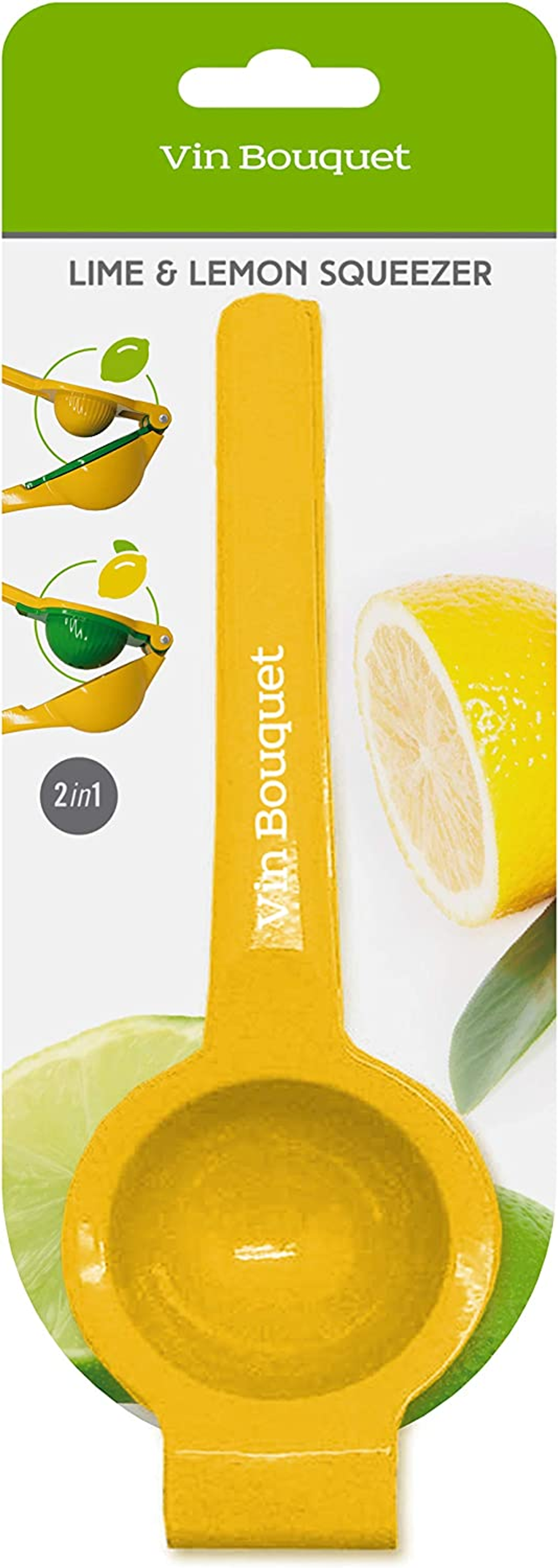 Uno spremiagrumi giallo per limoni e lime. È in plastica e ha una funzione 2 in 1.