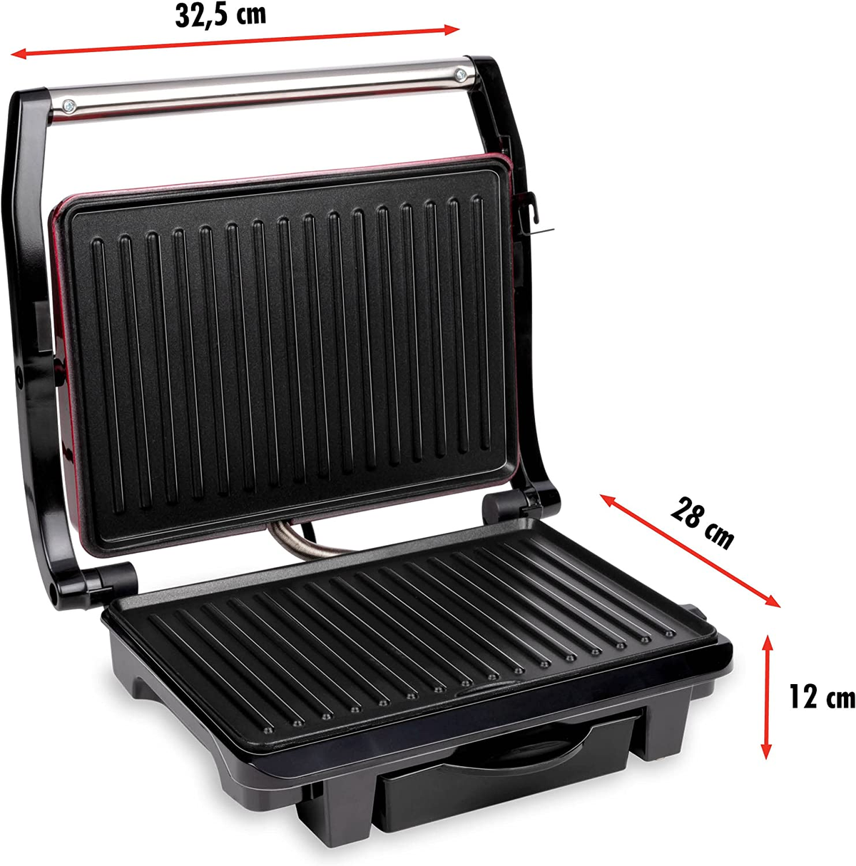 Zwarte en rode open sandwichmaker. Afmetingen zijn aangegeven. 32,5 cm breed, 28 cm diep, 12 cm hoog.