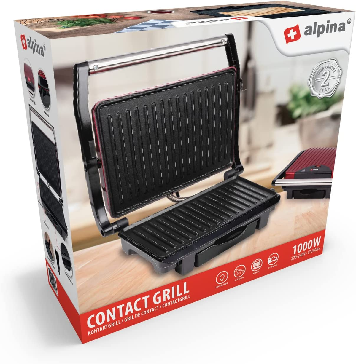 Een Contact Grill-doos toont de open grill. Een rode grill met het Alpina-logo en kenmerken.