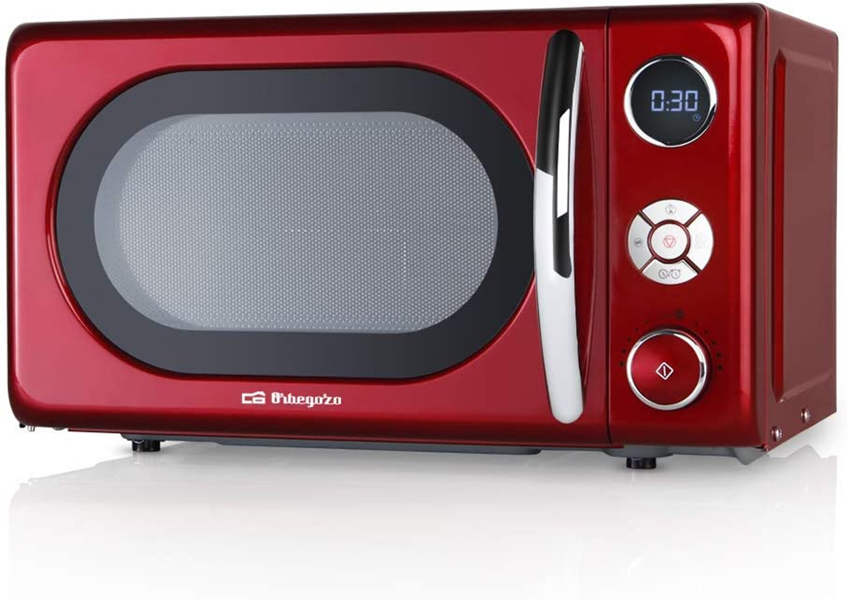 Czerwona kuchenka mikrofalowa z czarnymi drzwiami i panelem sterowania. Wyświetlacz pokazuje 0:30. Marka to BITEGOZO.