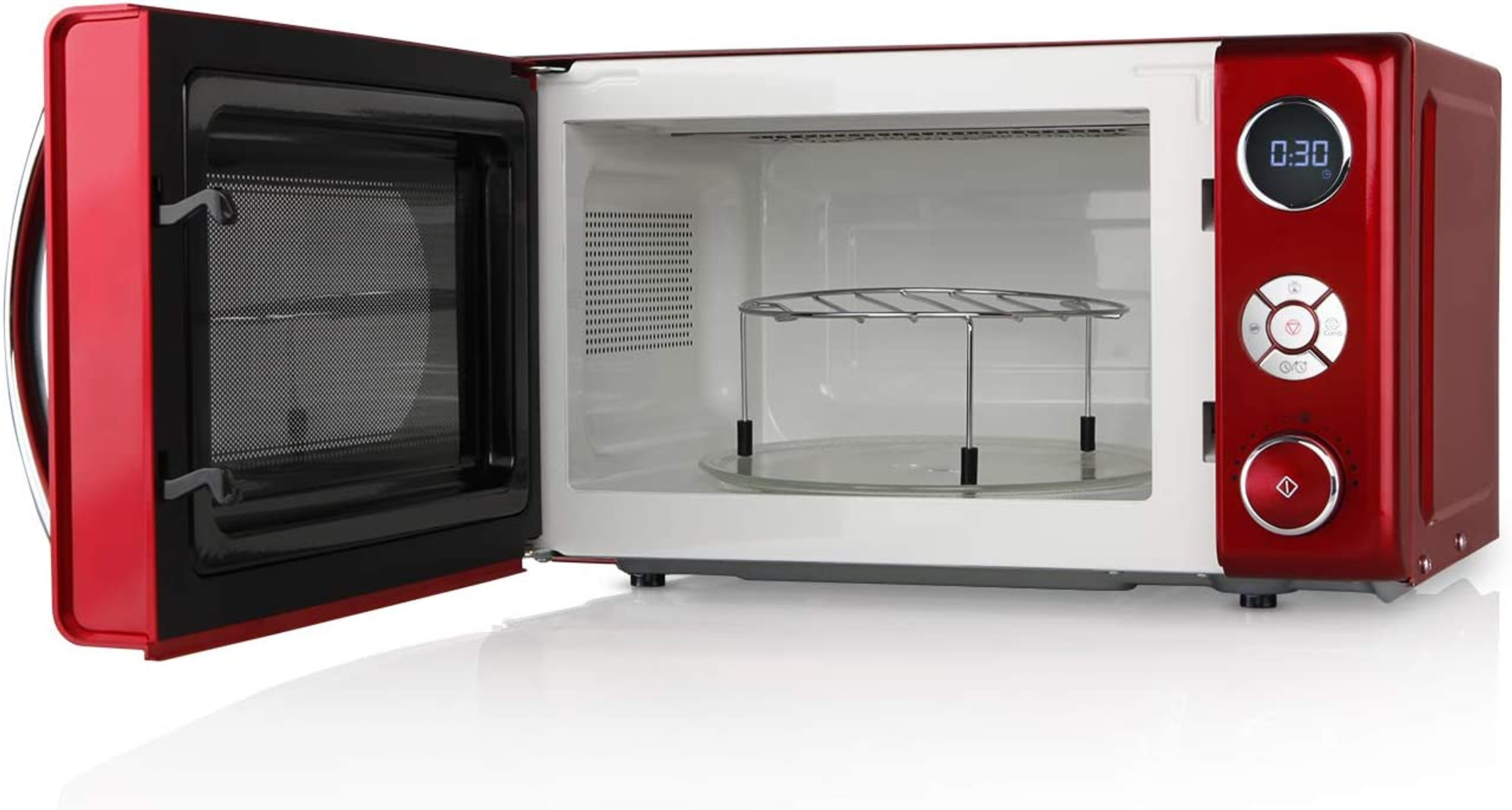 Czerwona kuchenka mikrofalowa. Drzwi są otwarte, z rusztem i szklanym talerzem w środku. Sterowanie po prawej stronie.