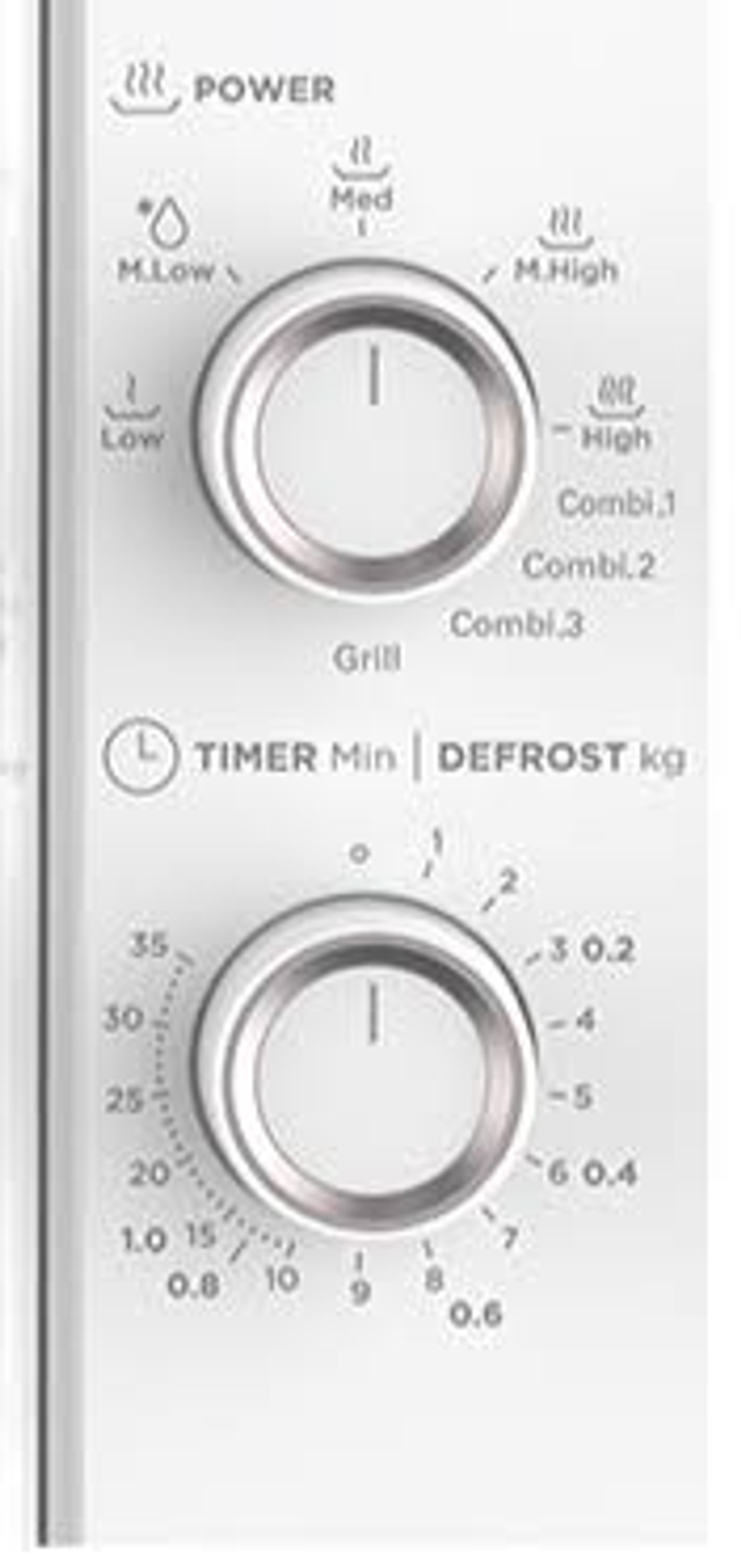 Panel de control del microondas con perillas para potencia, temporizador y descongelación.