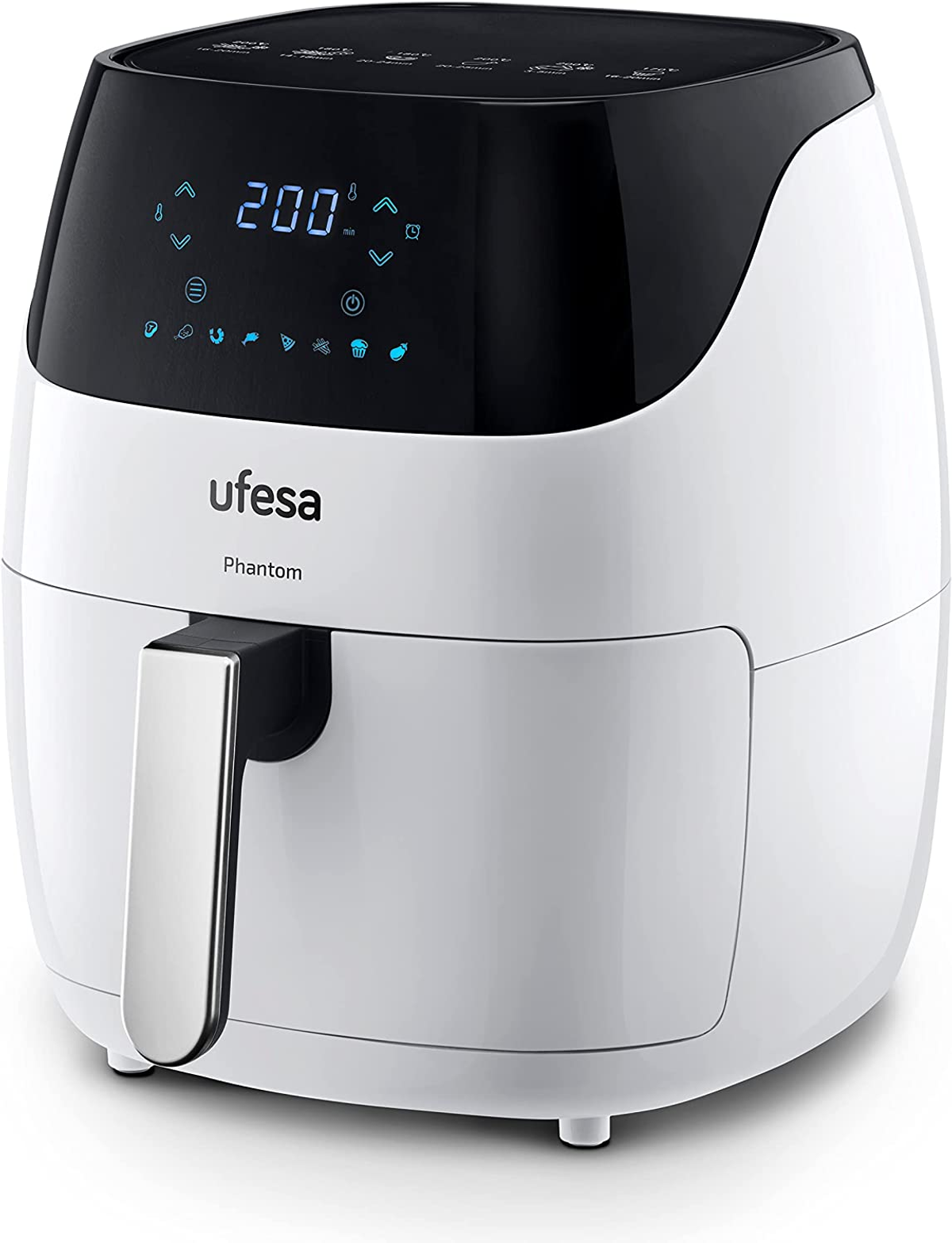 Friggitrice ad aria Ufesa Phantom bianca con parte superiore nera, display digitale, maniglia, su sfondo bianco.
