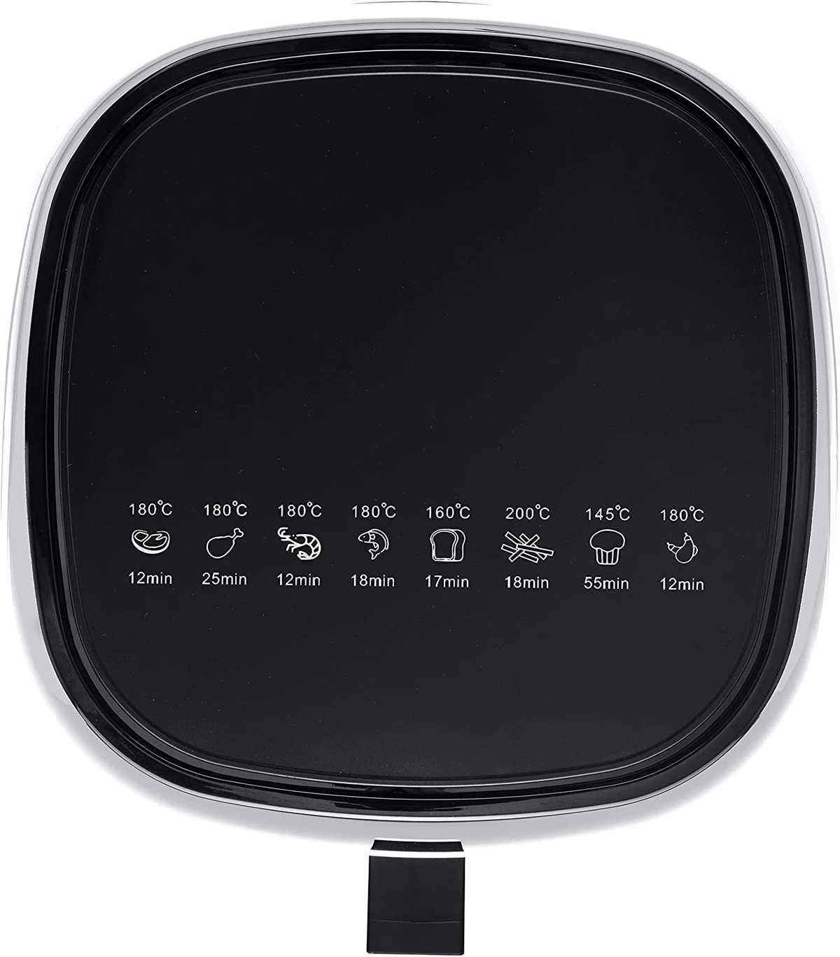 Friggitrice ad aria nera con display digitale. Il display mostra tempi e temperature di cottura per cibi.