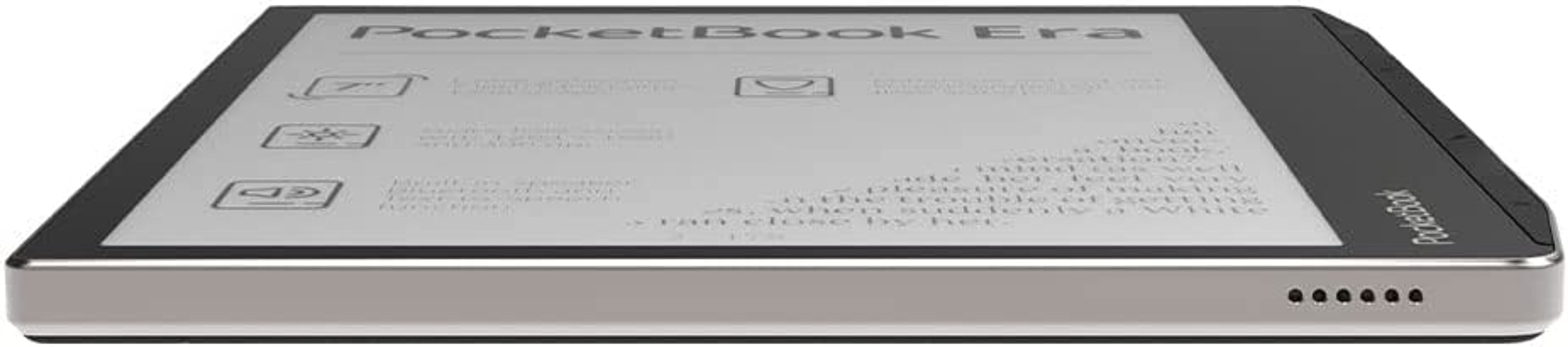 Czytnik e-booków, widok z boku, wyświetlający tekst, z czarną obudową i srebrnym spodem.