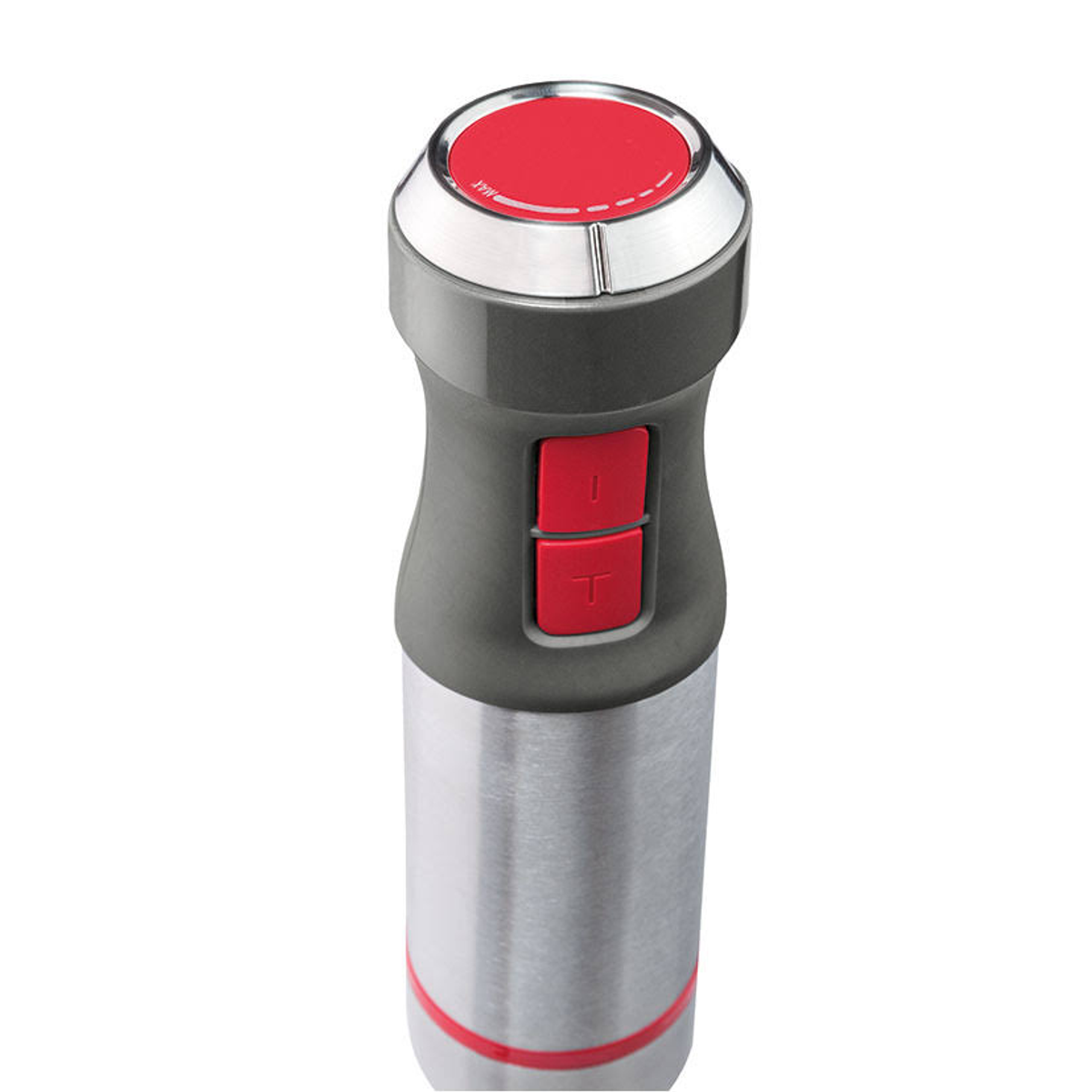Batidora de inmersión portátil en gris y plata, con botones y detalles rojos. Parte superior con círculo rojo.