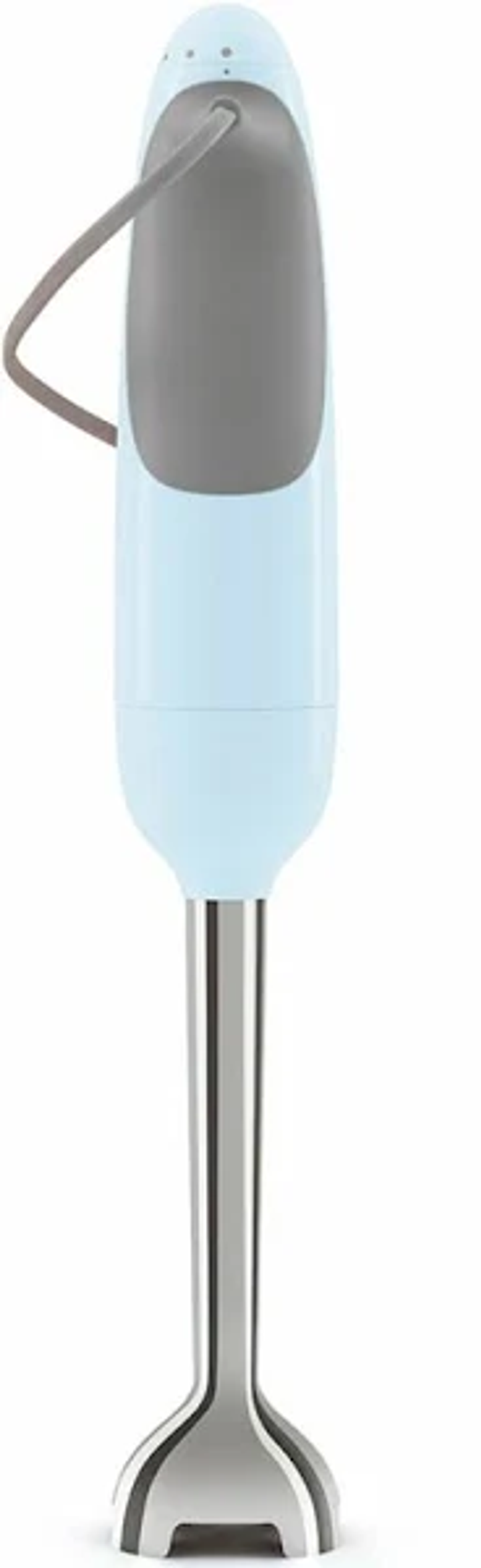 Una batidora de mano azul y gris con una cuchilla de acero inoxidable.