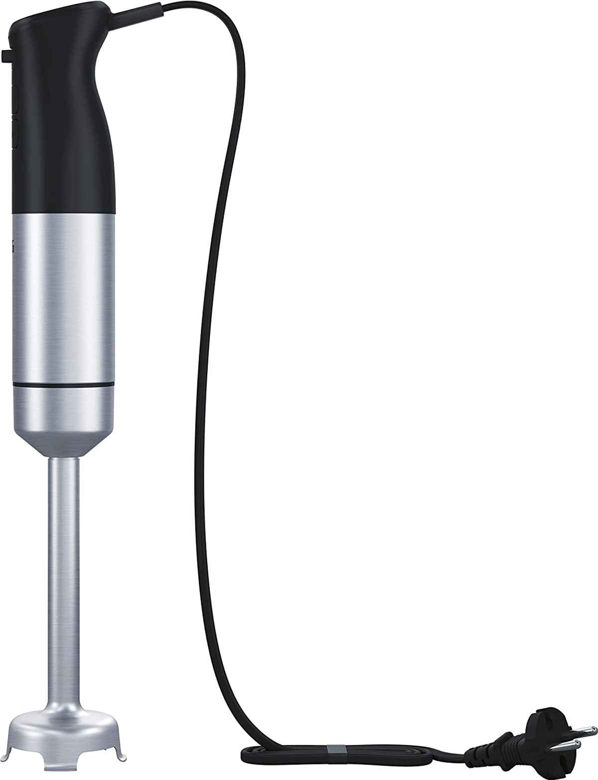 Ein silber-schwarzer Stabmixer mit einem schwarzen Netzkabel und Stecker, vor weißem Hintergrund.