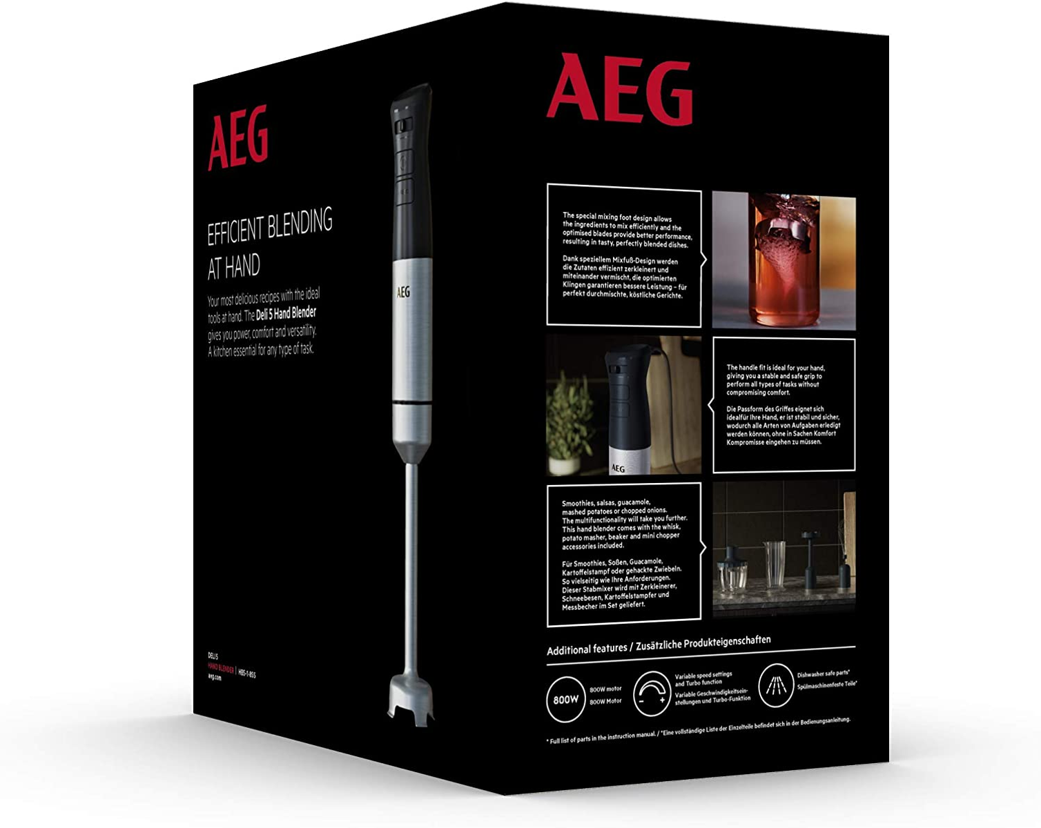 Schwarze Box mit der Marke AEG und einer Illustration eines Stabmixers.