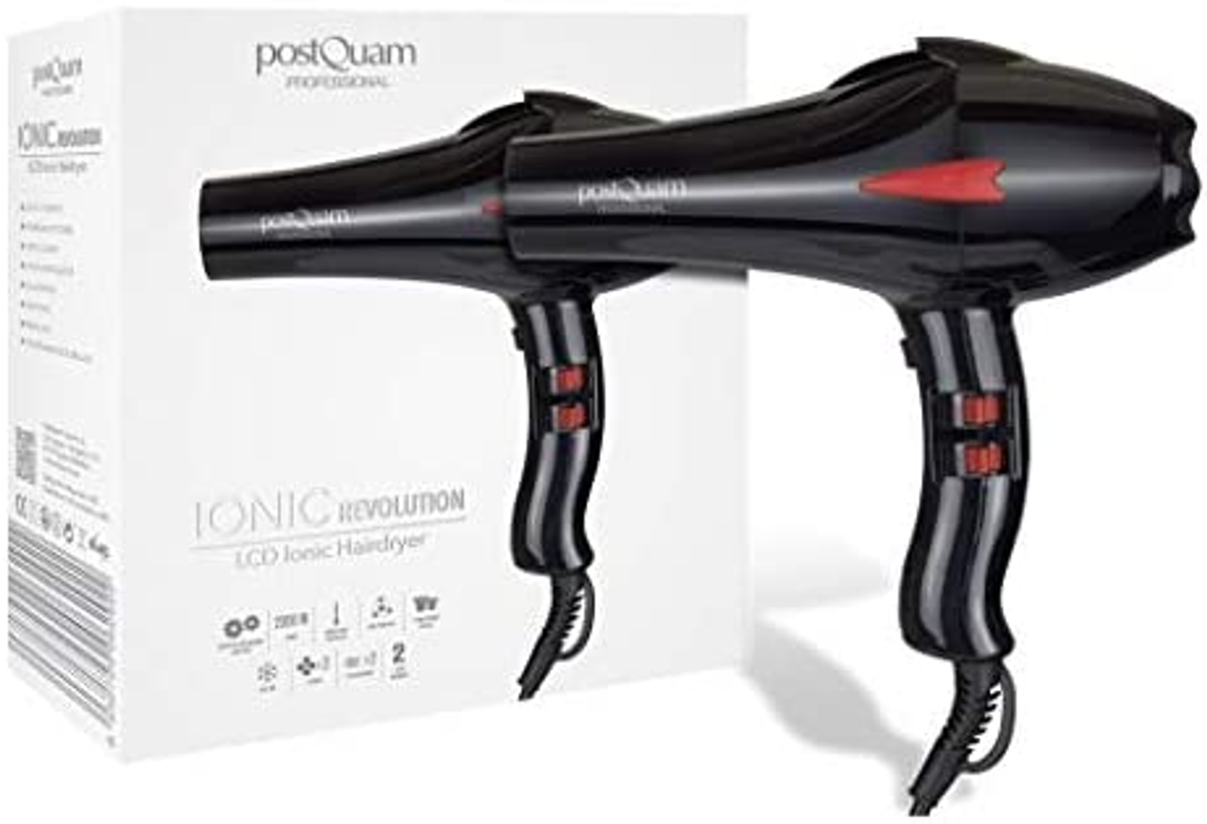 Dwie czarne suszarki do włosów z marką "postQUAM" i widoczne białe pudełko.