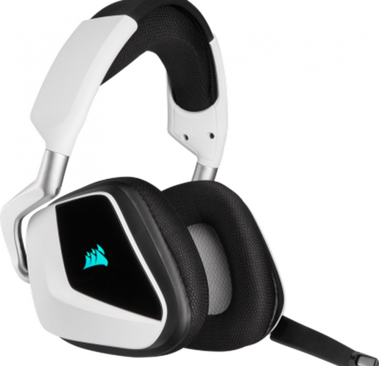 Cuffie da gioco bianche e nere con microfono, su sfondo bianco.