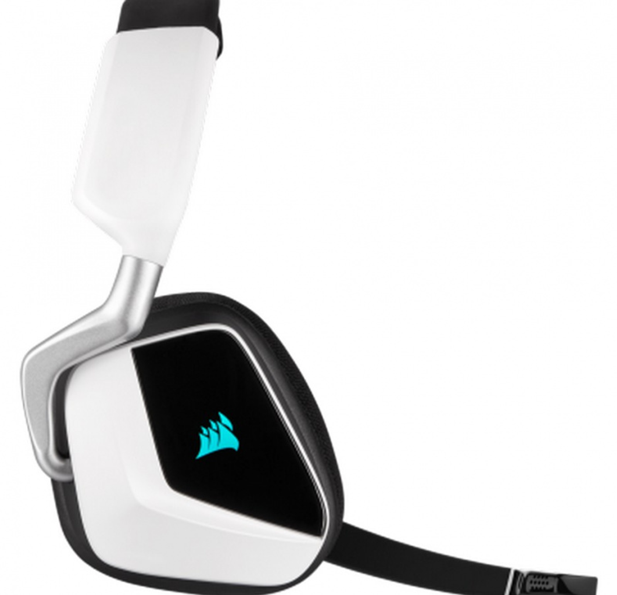 Un auricolare Corsair bianco e nero con microfono, su sfondo bianco.