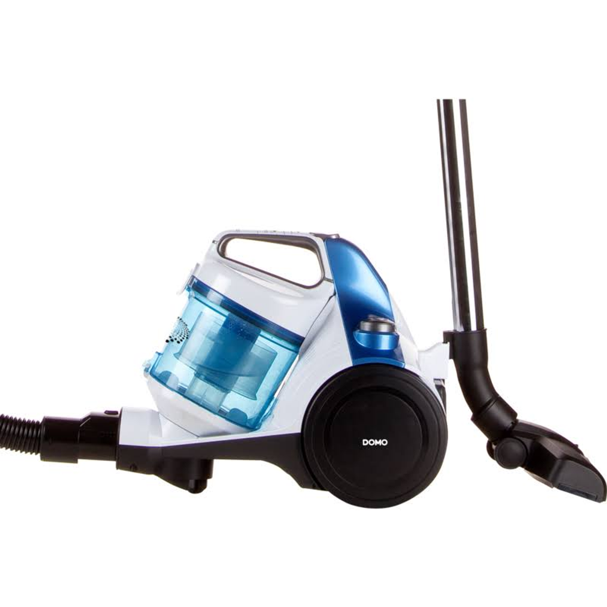 Biało-niebieski odkurzacz z przezroczystym pojemnikiem na kurz i czarnym wężem.