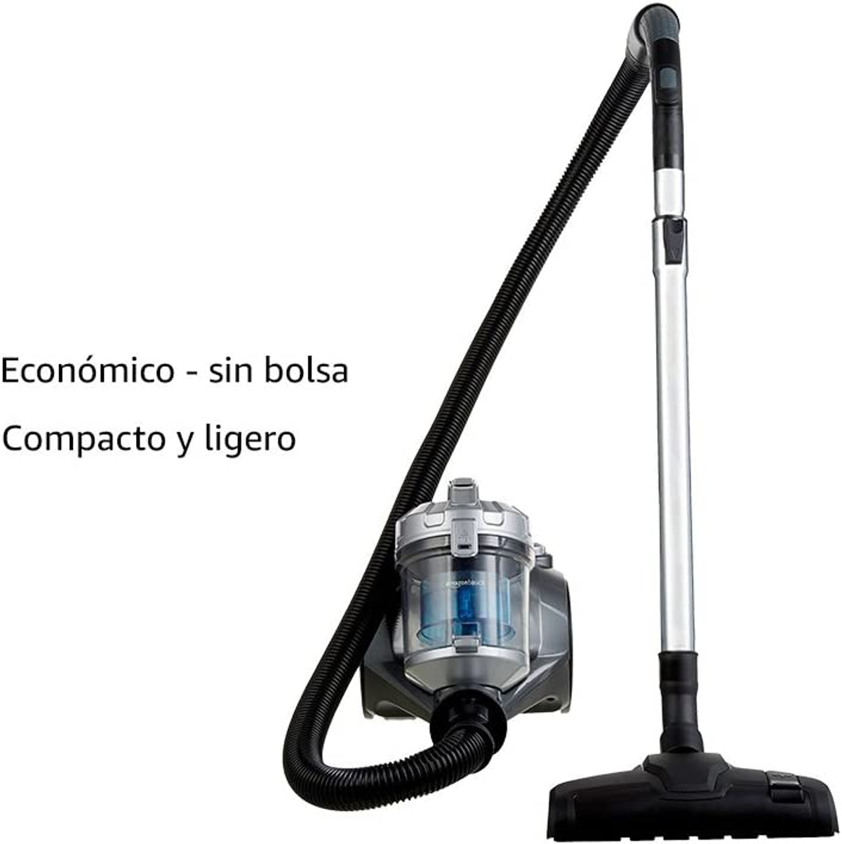 Un aspirapolvere con un contenitore per la polvere trasparente e un tubo lungo. Il testo "Compatto e leggero".