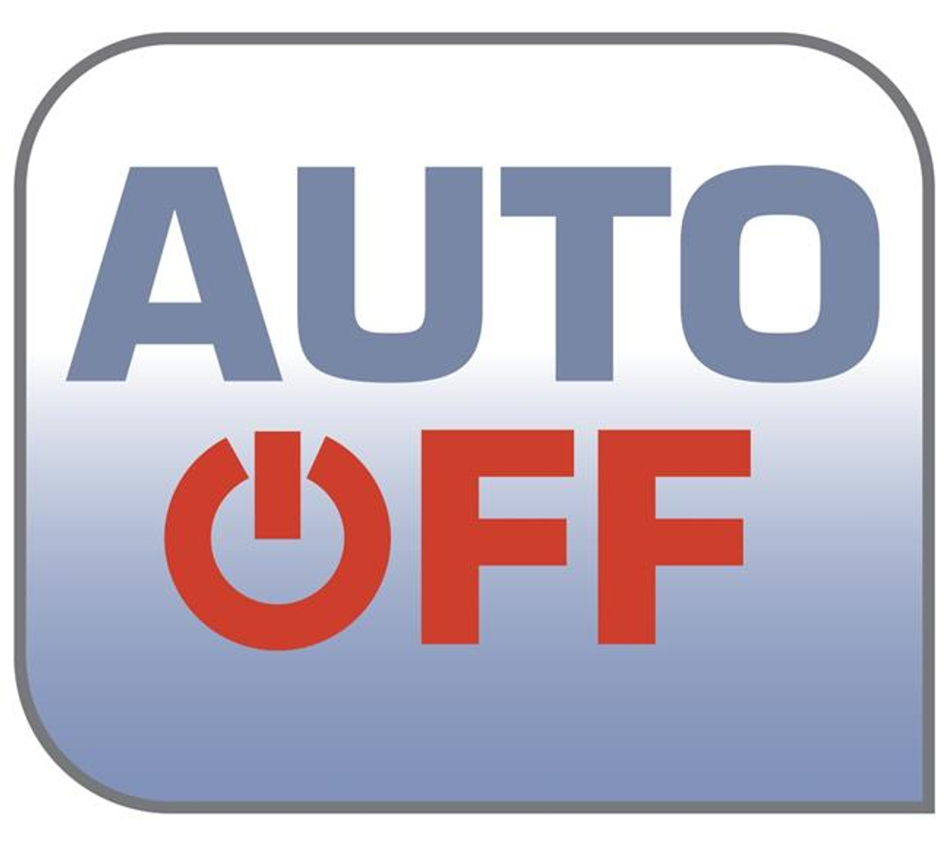 Ein weißes und blaues AUTO AUS-Symbol. Weißer Hintergrund.