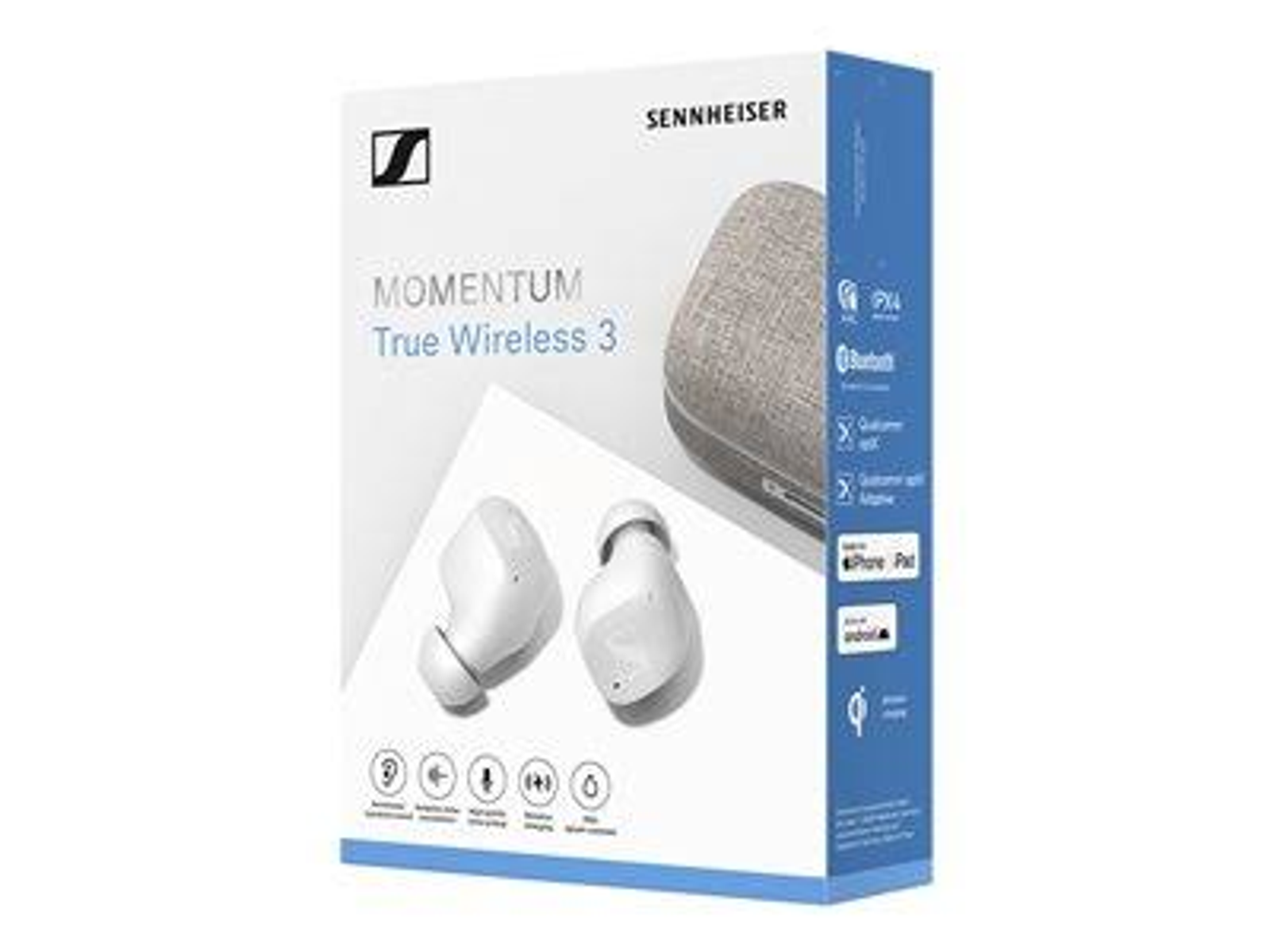 Sennheiser Momentum True Wireless 3 Ohrhörer in einer Box. Die Box ist weiß und blau.