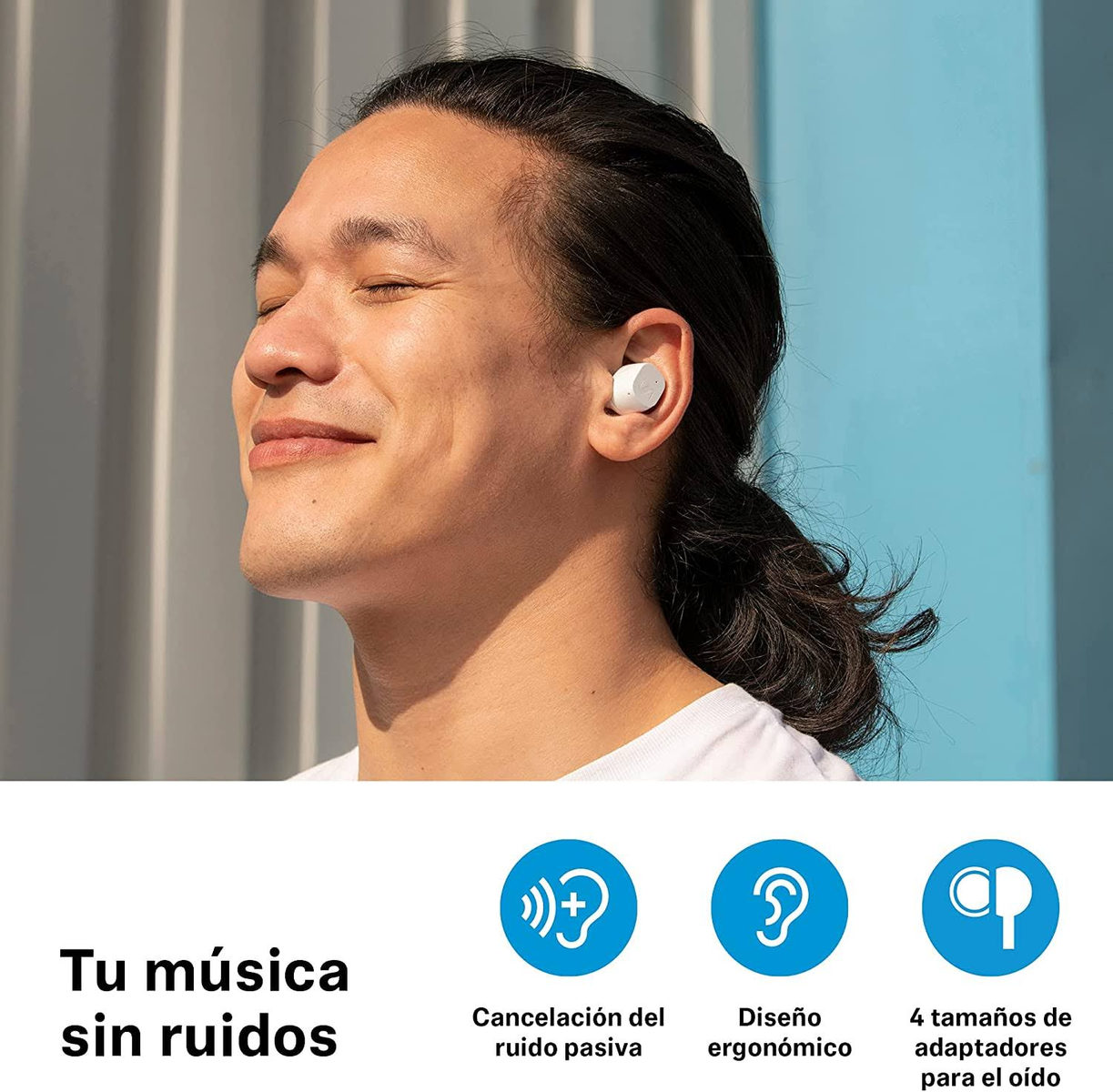 Ein Mann mit Ohrhörern. Text auf Spanisch: 'Ihre Musik ohne Lärm'.