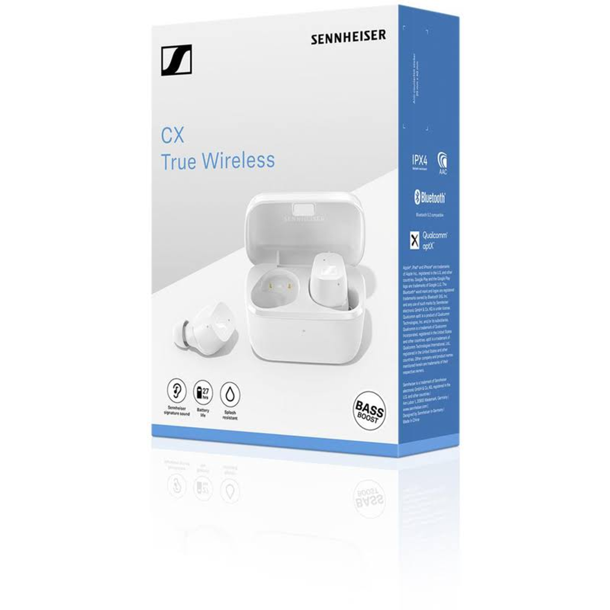 Weiße Sennheiser CX True Wireless-Kopfhörerbox mit Kopfhörern und Ladeetui.