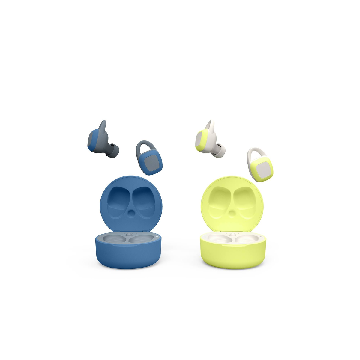 Dwie pary bezprzewodowych słuchawek i etui ładujących: niebieskie i żółte. Słuchawki w powietrzu.