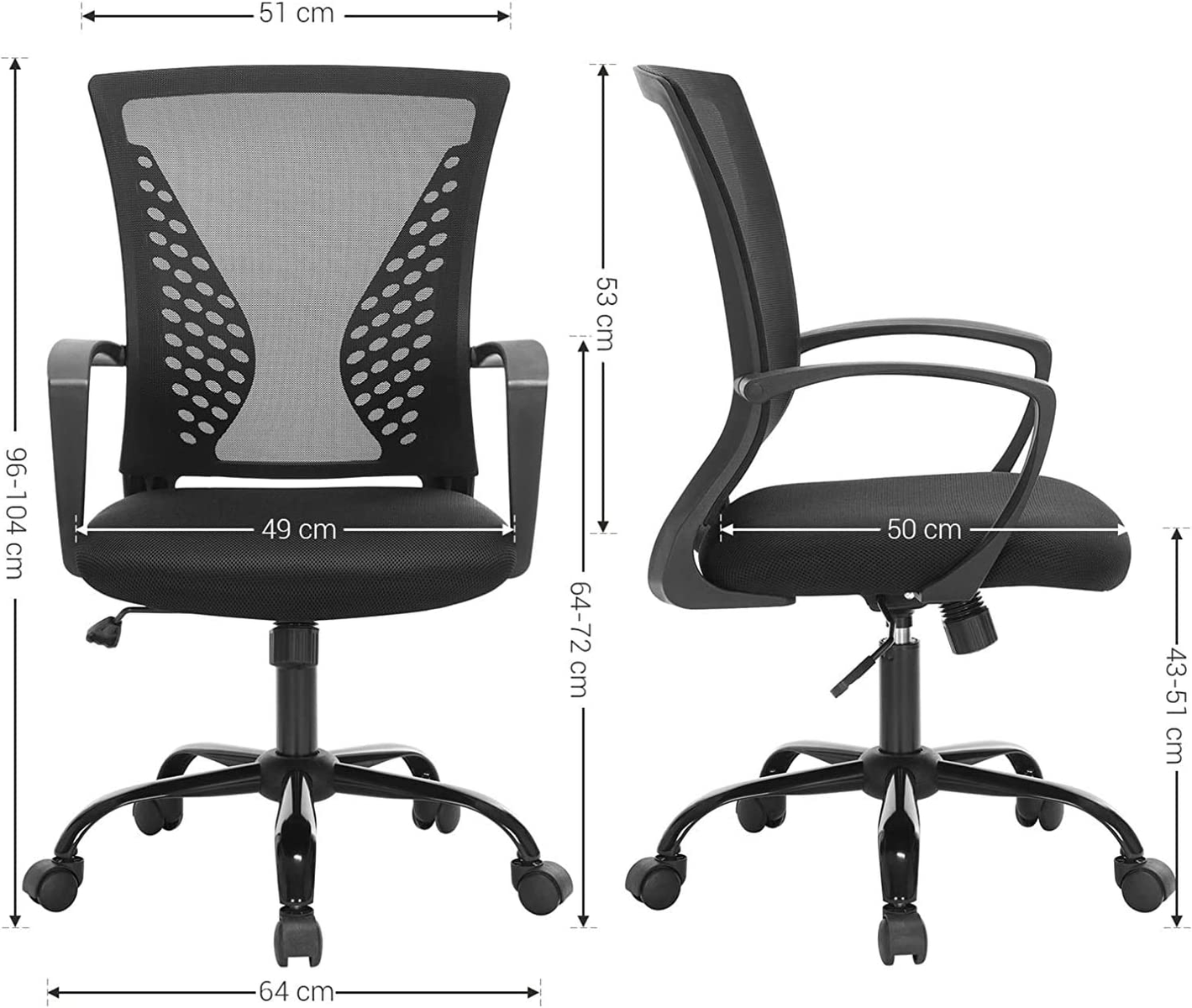 Una silla de oficina negra con respaldo de malla y reposabrazos negros. Las dimensiones se proporcionan con etiquetas.