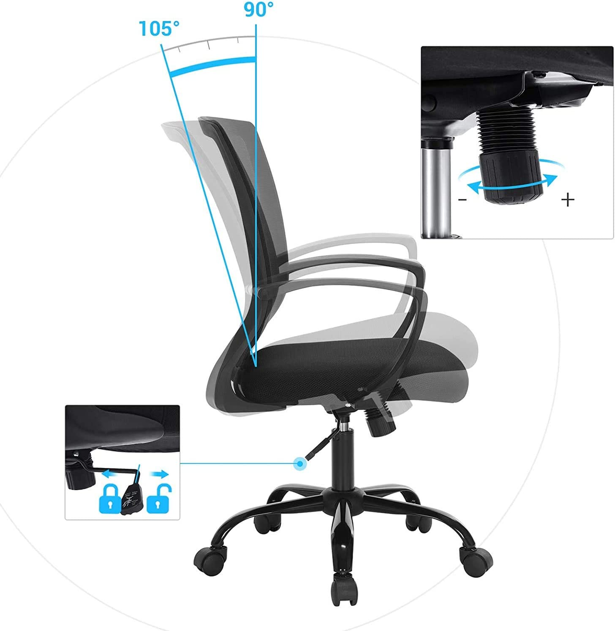 Una silla de oficina negra y de malla con una base negra. El respaldo es ajustable y tiene ángulos mostrados.