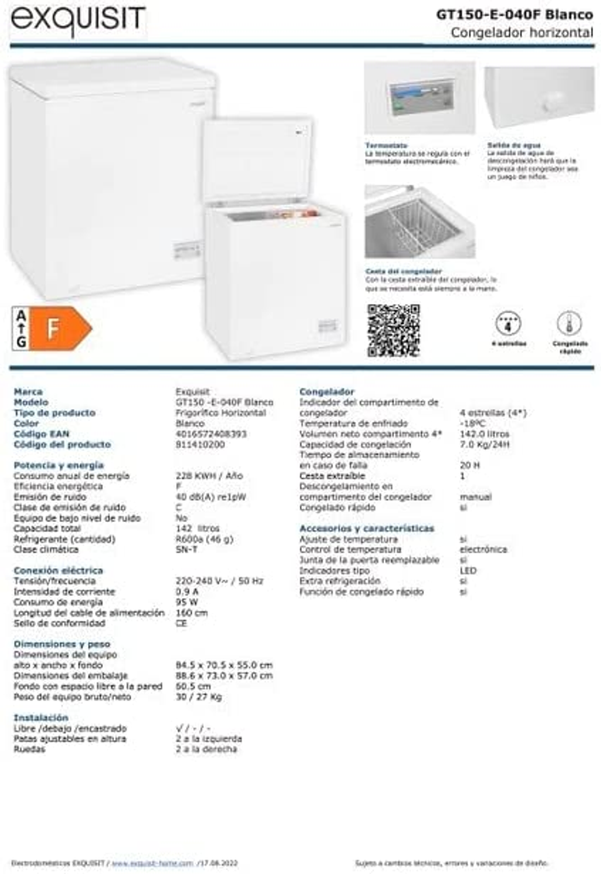 Details eines weißen Gefrierschranks mit Produktinformationsblatt.