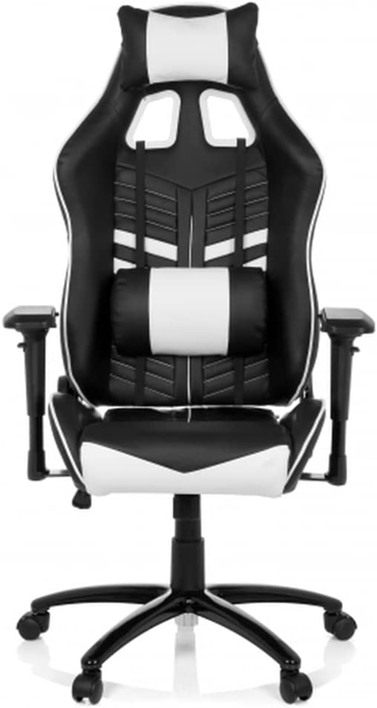 Schwarz-weißer Gaming-Stuhl. Hoher Rücken, Kopfstütze, Lendenwirbelstütze, Armlehnen und Räder.