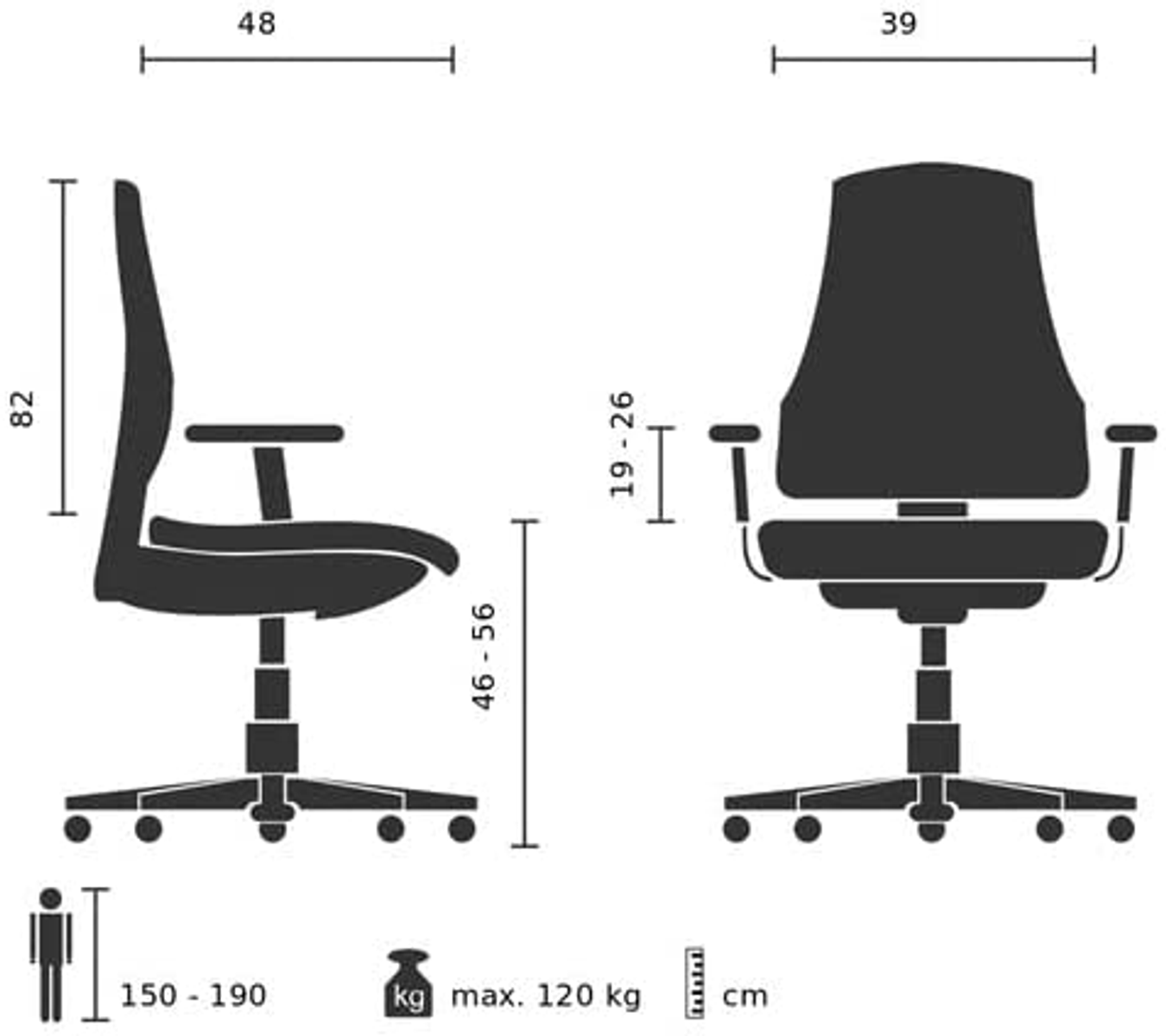 Diagramm mit Bürostuhlabmessungen. Zwei Ansichten: Seite und vorne, mit Maßen in cm und max. Gewicht.