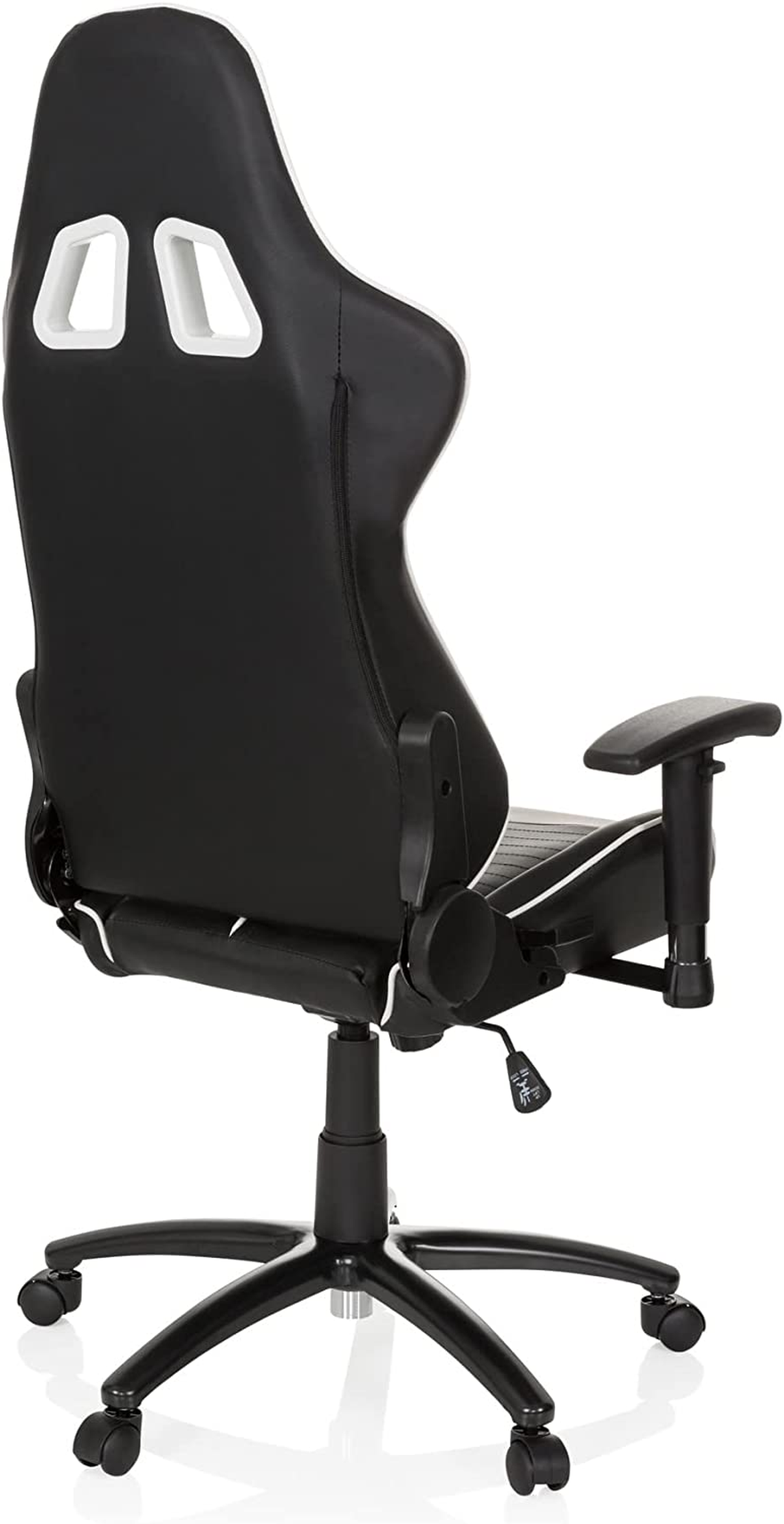 Gaming-Stuhl, Rückansicht, schwarz mit weißen Akzenten.
